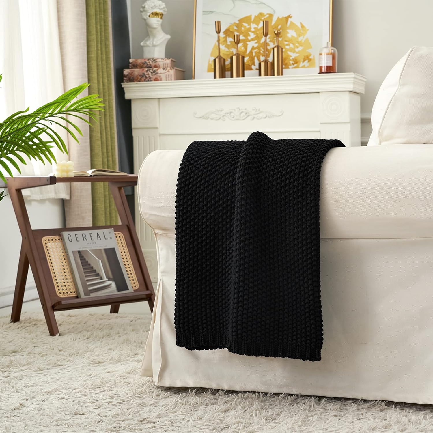 Chunky Cable Knit Throw Blanket Lightweight Black 100% Organic Cotton Blanket for Sofa Couch Bed Baby Nursery, Rustic Shabby Chic Modern Farmhouse, 51” x 63” Give Laundering Bag - Image 2