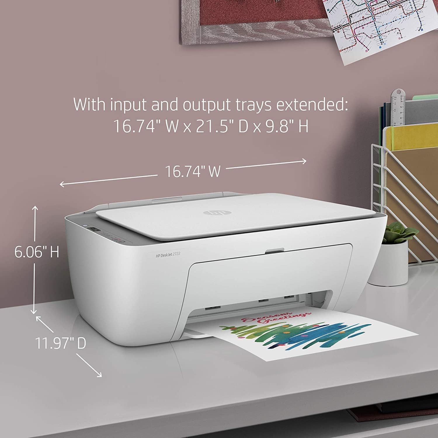 Diagram showing the dimensions of the HP DeskJet 2722 printer with input and output trays extended.