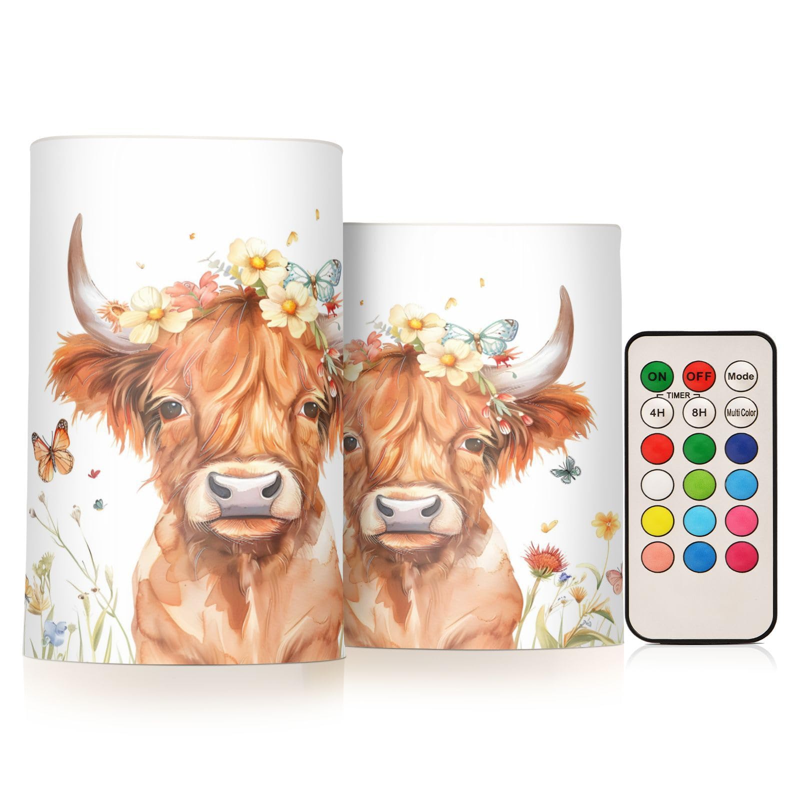 ALAZA Kawaii Highland Cow Butterflies Flickering Flameless Candles Battery Operated with Remote Timer,Tea Light Candles LED Pillar Votive Candles Set of 2 for Outdoor Indoor Decorations