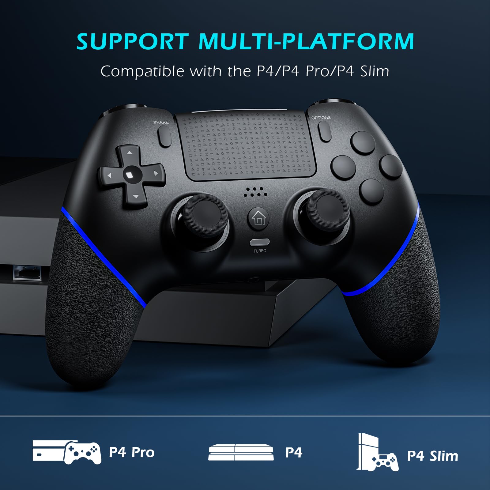 CHEREEKI Manette pour PS4 avec Bluetooth, Manette sans Fil PS4 avec Joystick Hall/Macro Bouton Programmation/Turbo/Double Vibration/Haut-Parleurs et Prise Casque, 1000mAh, Noir