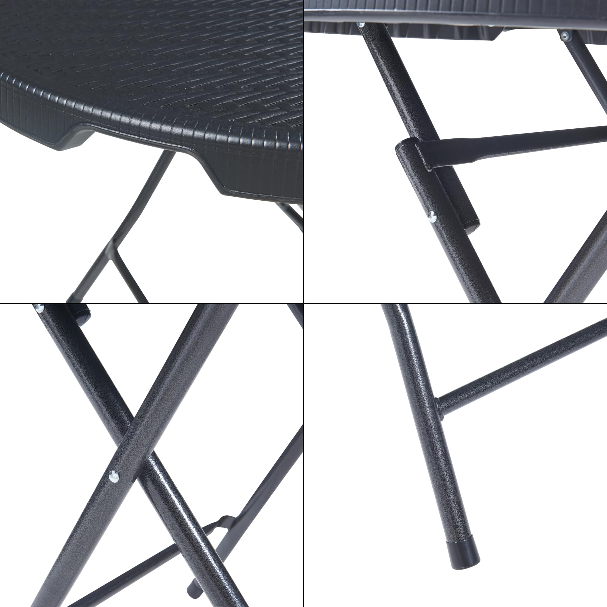[en.casa] pro.tec składany stół piknikowy Camping przenośny stół do użytku na zewnątrz metalowa rama i blat plastikowy stół Ø80 x 74 cm czarny efekt rattanu