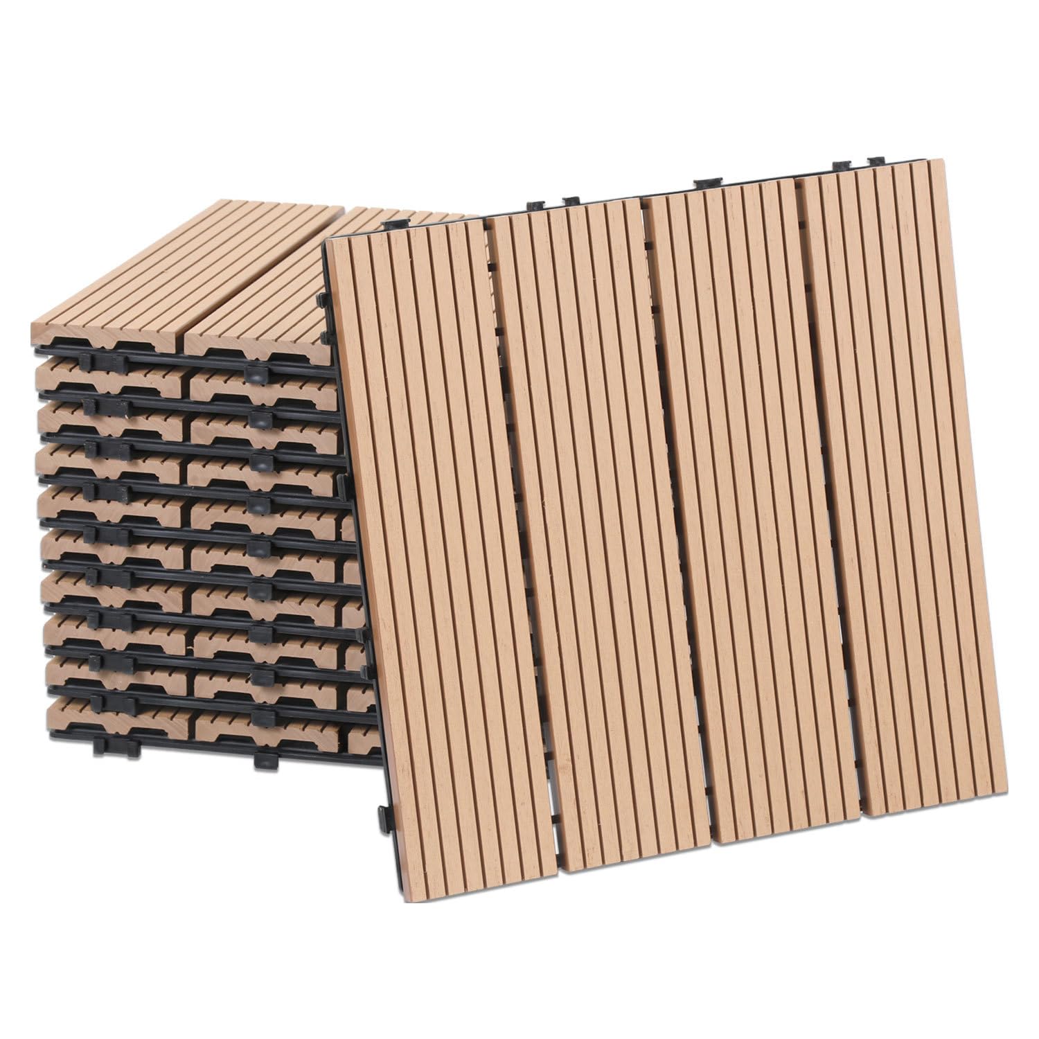 Płytki tarasowe WPC 30 x 30 cm, w kolorze tekowym, 55 sztuk (5 m²) z systemem zatrzaskowym, nadają się do wody, płytki o wyglądzie drewna, na balkon i taras, łatwe do ułożenia (WPC, płytki na