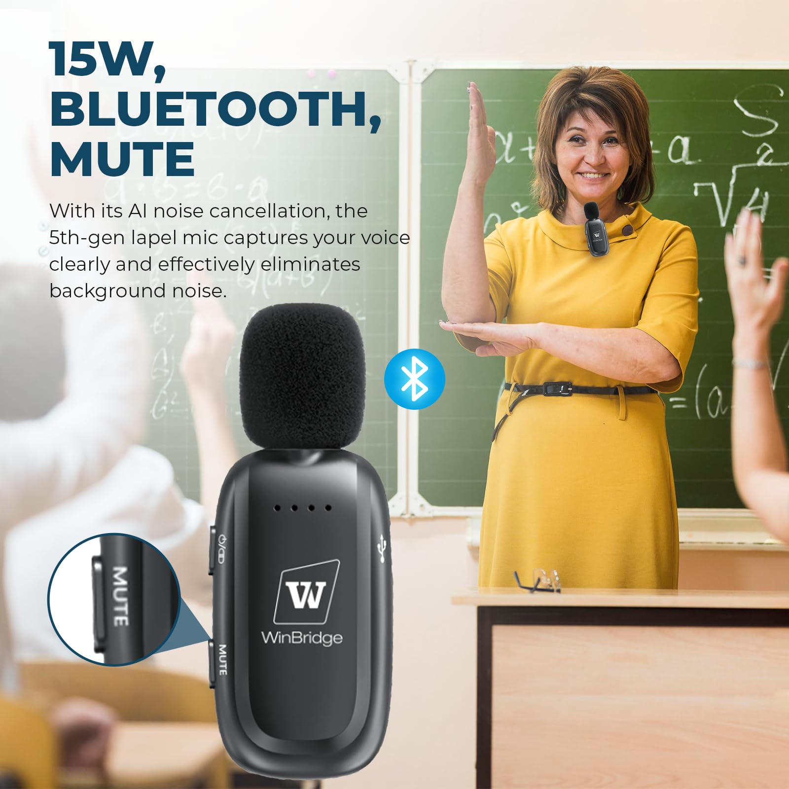 WinBridge WB005N - Amplificatore vocale wireless con microfono lavalier Bluetooth per insegnanti, altoparlante portatile e sistema di microfono wireless a clip, mini megafono, 15 W, 2600 mAh