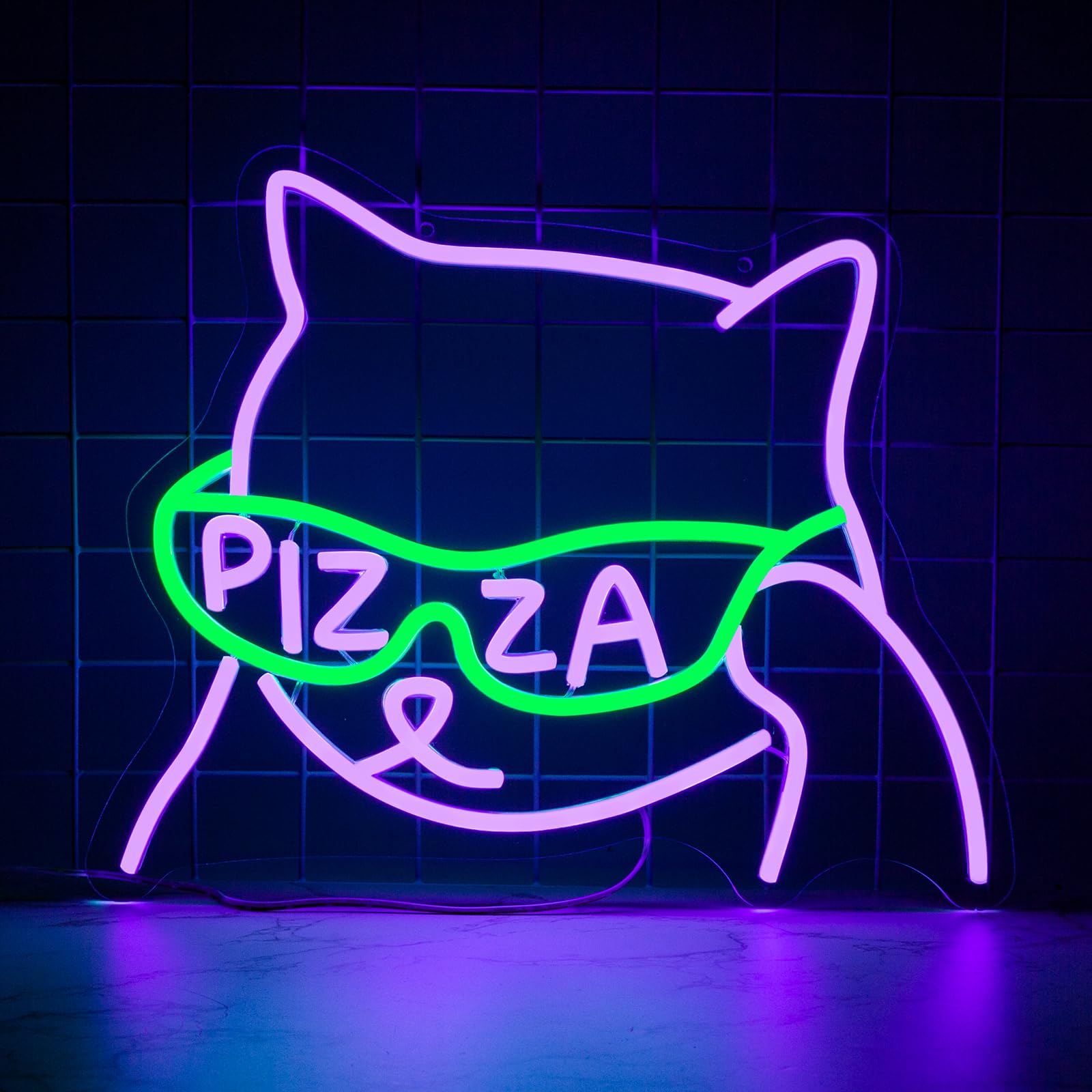 Pizza Sunglasses Cat Neon Sign, Anime Neon Signs for Pizzeria Wall Decor, Dimmable Led Signs for Bedroom, Light Up Signs for Resturant Kitchen Bar Beer Man Cave Party Decorations Gifts