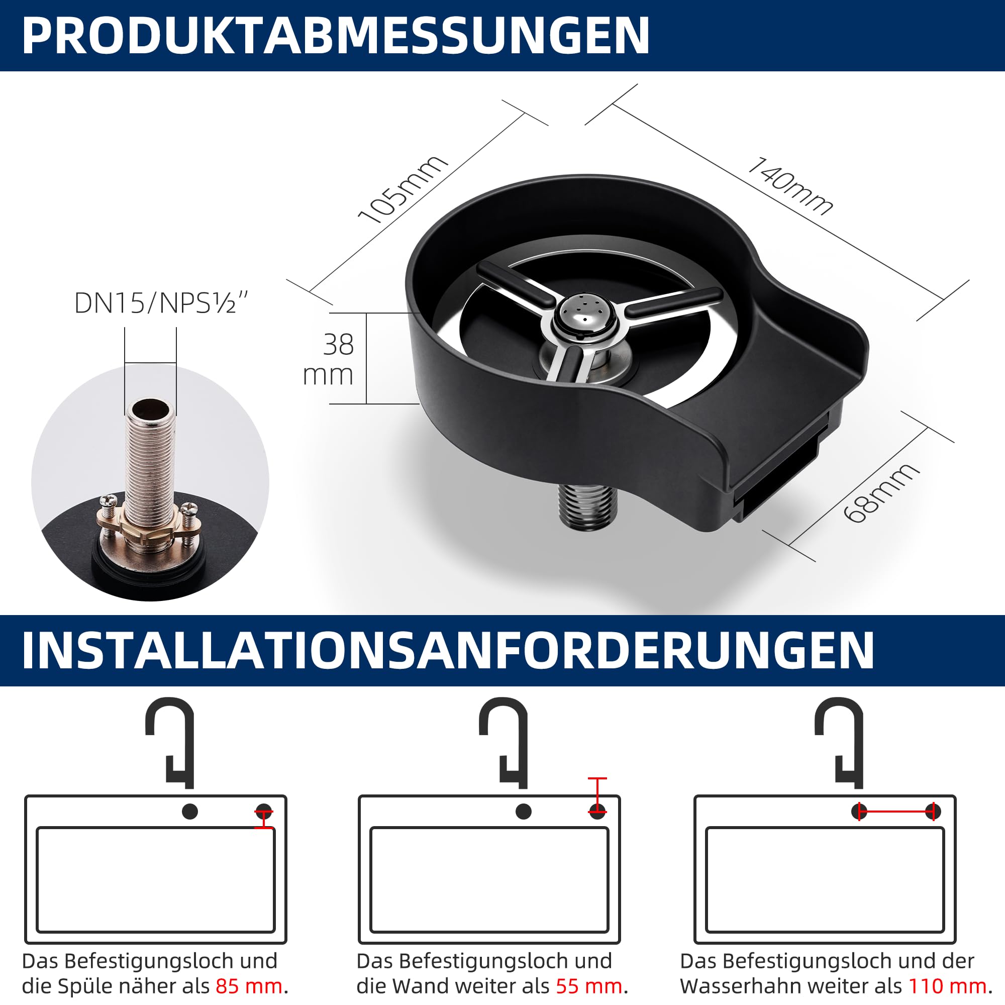 ZHIBAI Gläserspüler,FlaschenspüLer,Glasspüler für Spülbecken,Edelstahl Glasspüler für Spülbecken,glass spüllen für küchenspüle,Bar Gläserdusche, spülbecken-glasspüler,flaschenreiniger,silber