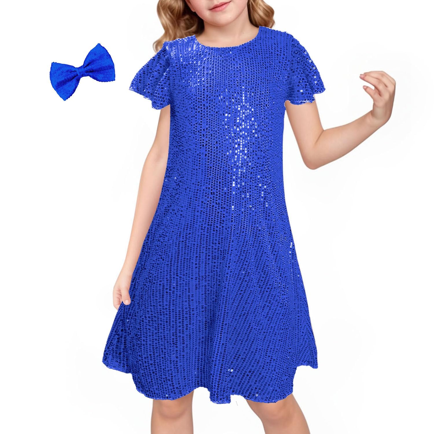 LQSZ Girls Sparkly Sequin Party Dress with Hairbow Flutter Sleeves Elegant Prom Wedding Concert for 3-12 Years