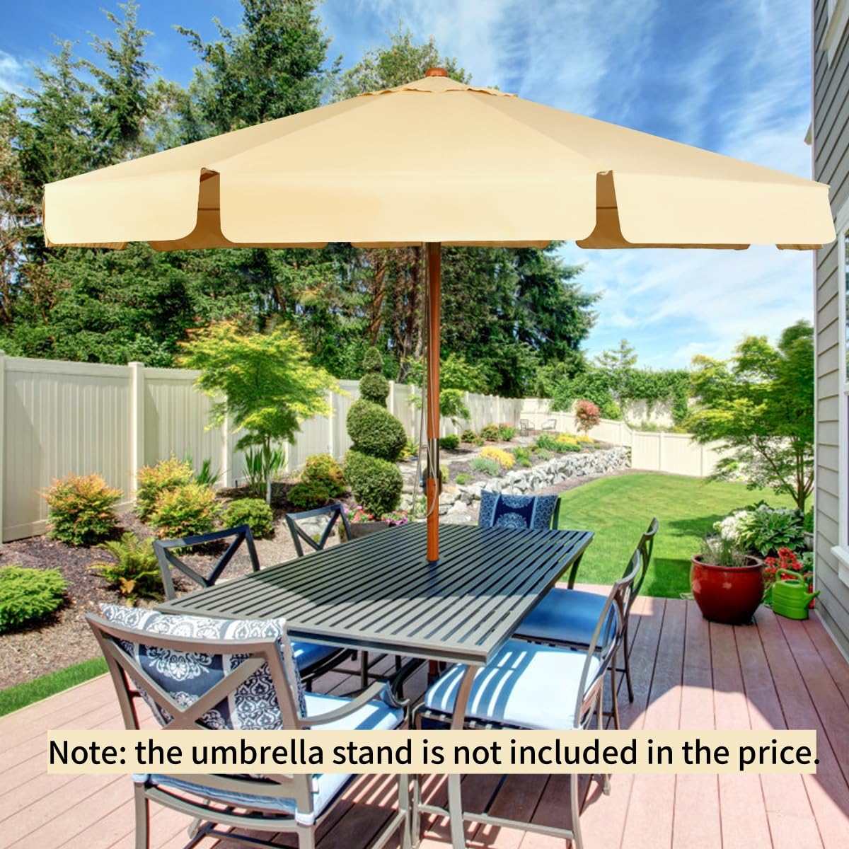KOMFOTTEU Ombrellone da Giardino 3 m Regolabile in Altezza | Parasole in Legno di Faggio, con 8 Montanti, Manovella con Angolo Inclinazione 30°, senza Base, Beige