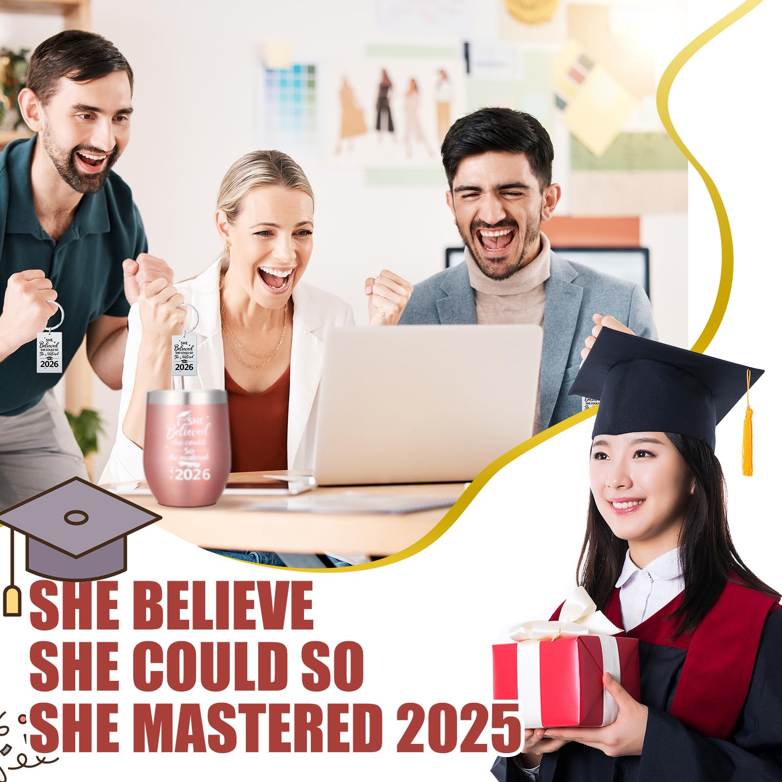 Gerrii 3 Pcs Masters Graduation Gift Set She Believed She Could So Mastered It 2026 Insulated Tumbler 12 oz Acrylic Heart Decor Keychain Graduation Master Degree Christmas Gift for Women(Master)