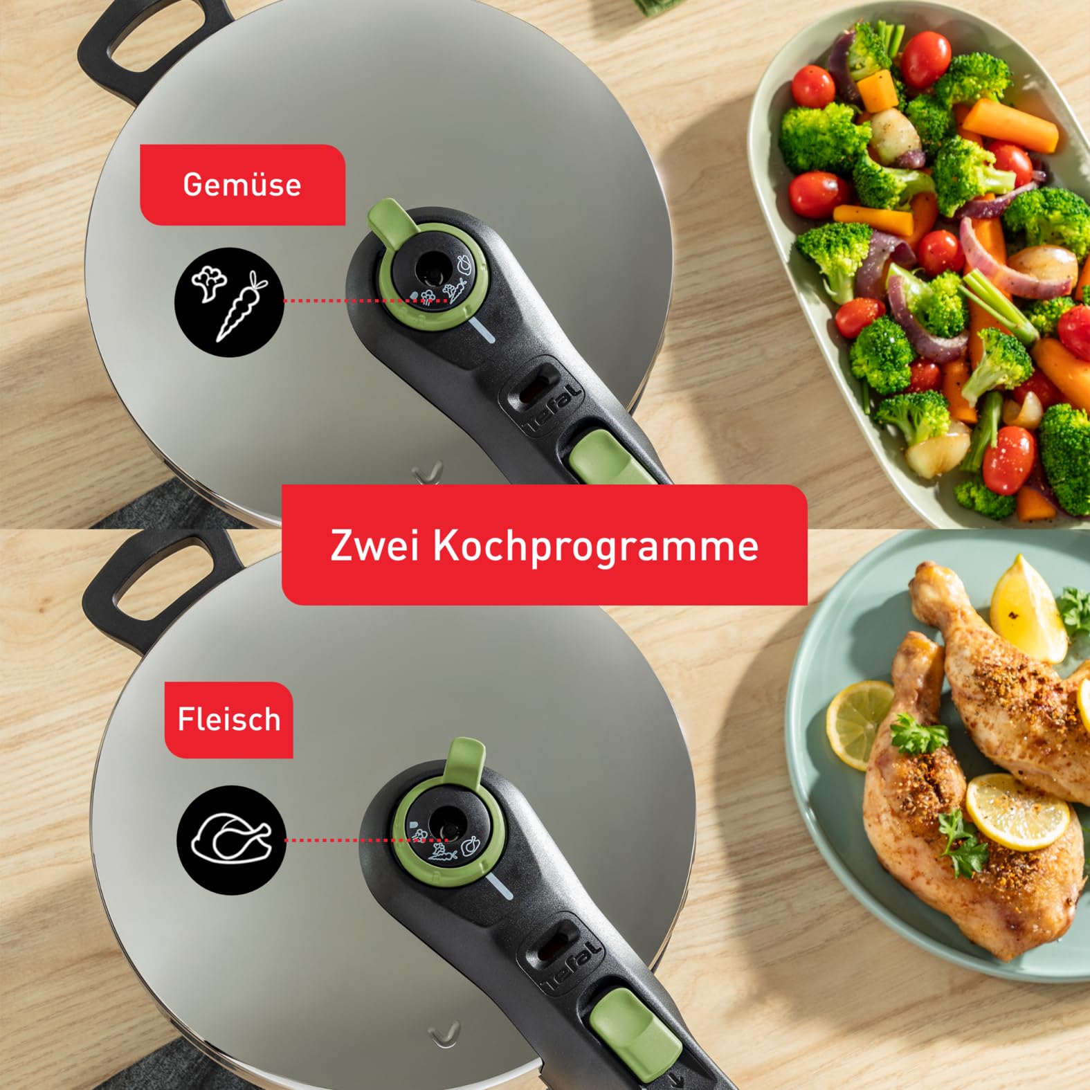 Tefal Secure Trendy Schnellkochtopf Induktion 4l, 2-Stufen-Garregler: Intensivstufe 117°C, Schonstufe 112°C, Induktions-Kapselboden, für alle Herdarten, Edelstahl/Schwarz/Grün, P2580400