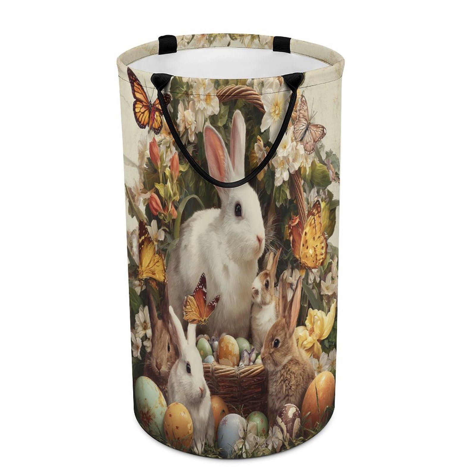 LUYYSKY Classic Cute Easter Rabbits Versatile Storage Laundry Basket, Rustic Watercolor Colorful Eggs Animals Bunny Butterflies Floral Large Capacity Bathroom Hamper With Handle