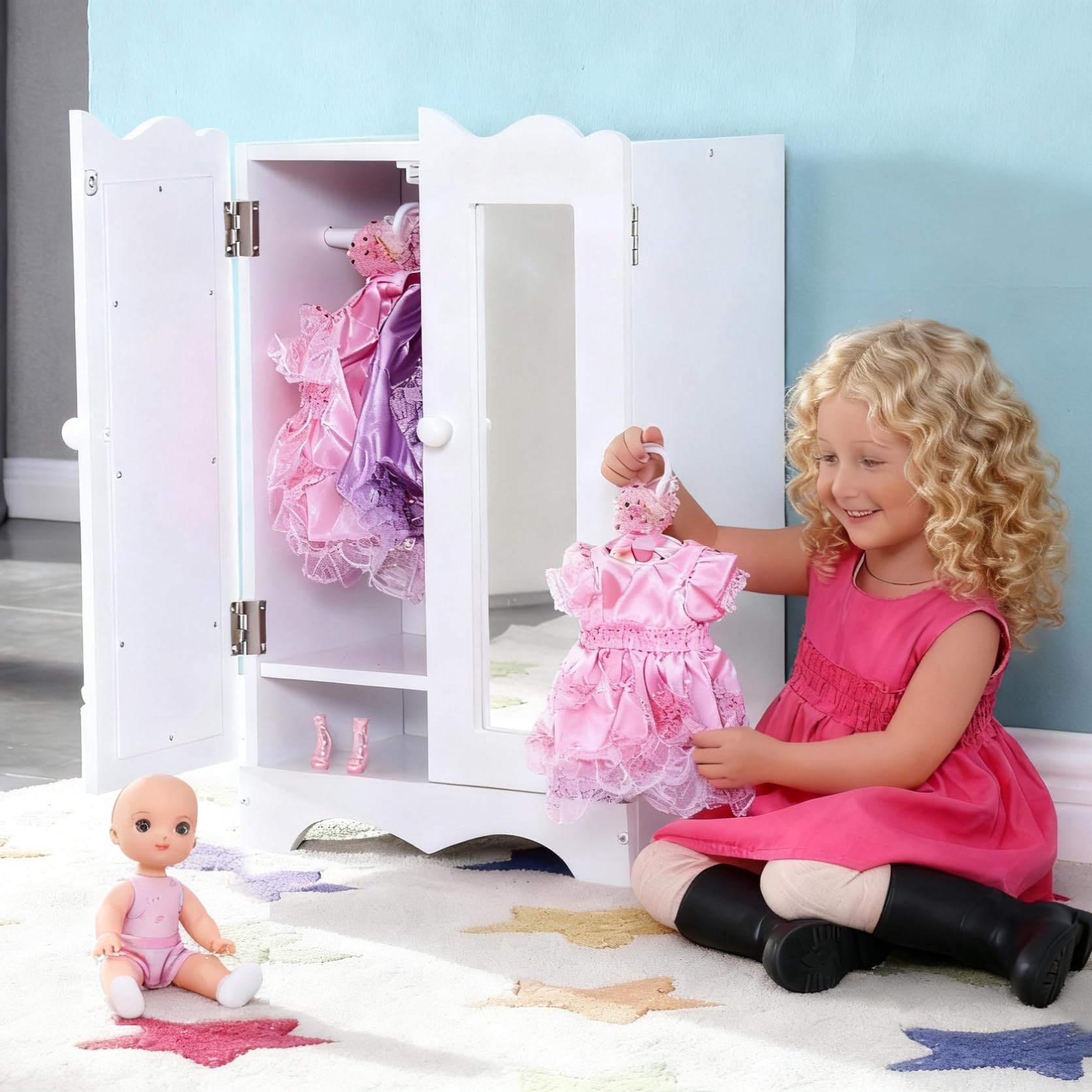 Holzpuppenmöbel mit 6 Kleiderbügeln Offener Kleiderschrank Organizer Puppenschrank für Puppen Spielzeug Puppenhaus Zubehör Passend für Puppe bis 20''