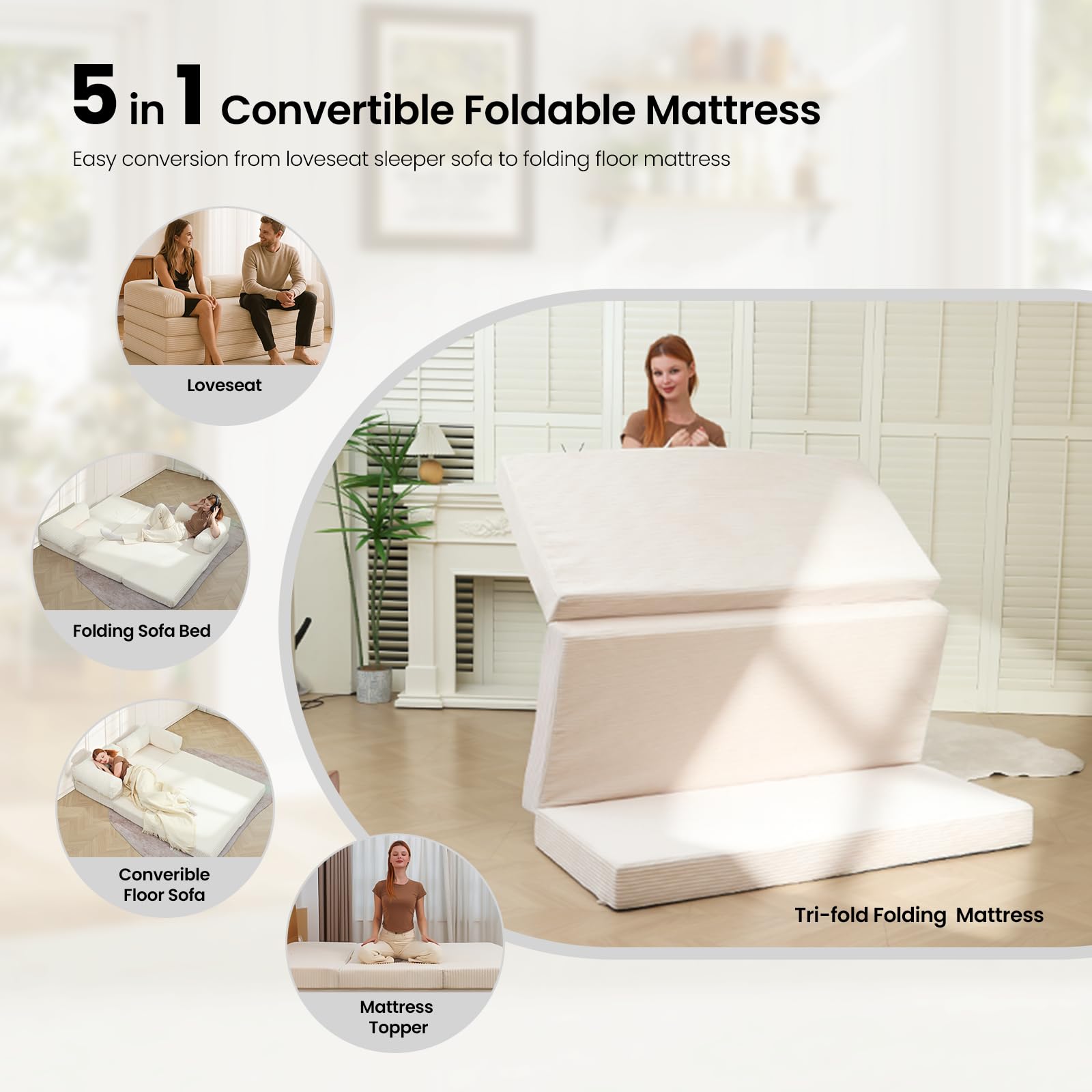 Tri-Fold Foldable Mattress, Convertible Folding Sofa Bed with Removable Arms & Washable Cover, All-in-One Portable Mattress Floor Sofa Bed, No Assembly Required & Non-Slip, Full Size, Beige