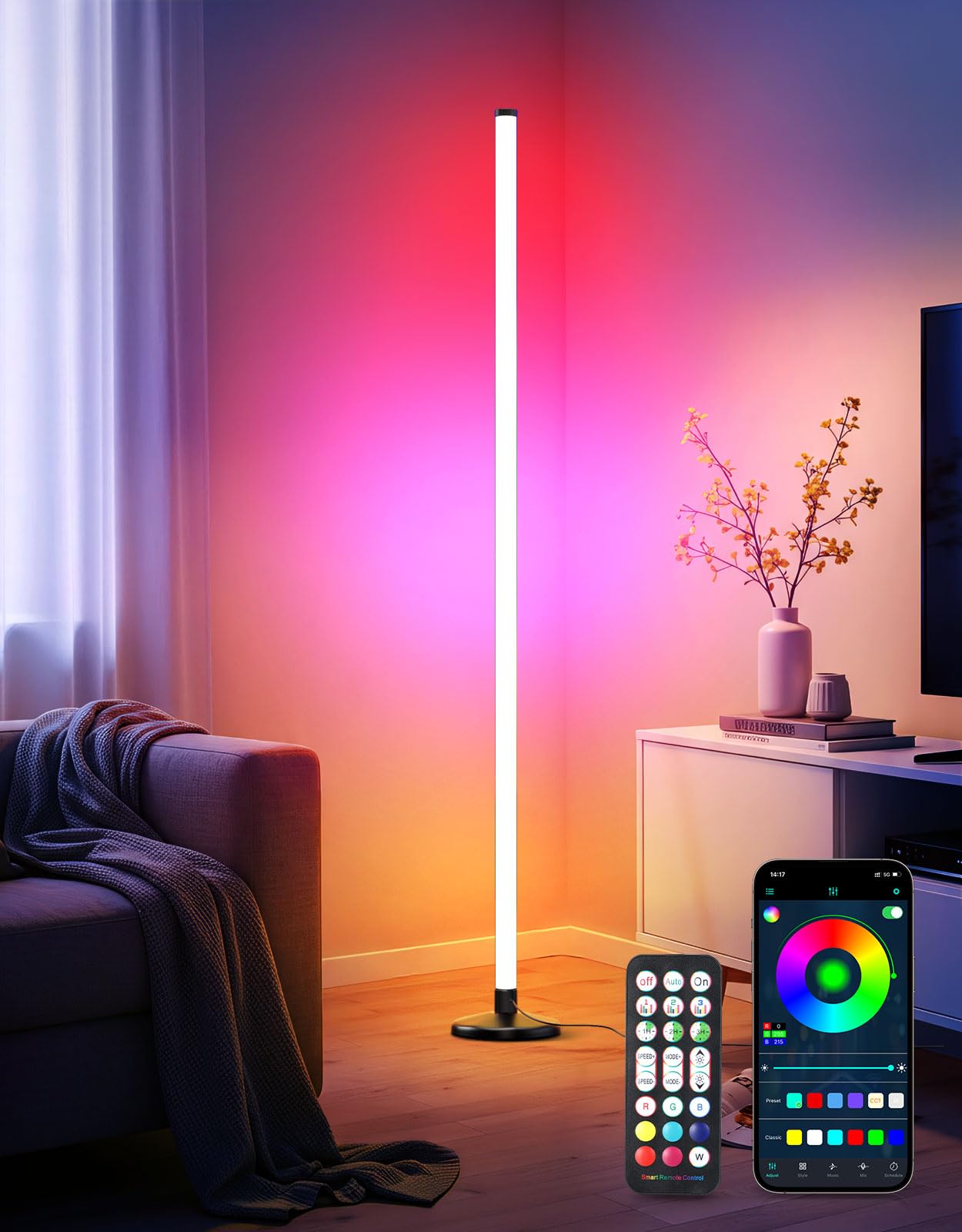 OUTON LED Smart RGBCW Corner Floor Lamp with APP and Remote Control, Dimmable Floor Lamps with 16 Million Colors,Includes Music-Sync, Timer, Height Adjustable for Living Room Bedroom Gaming Room 1-Pack