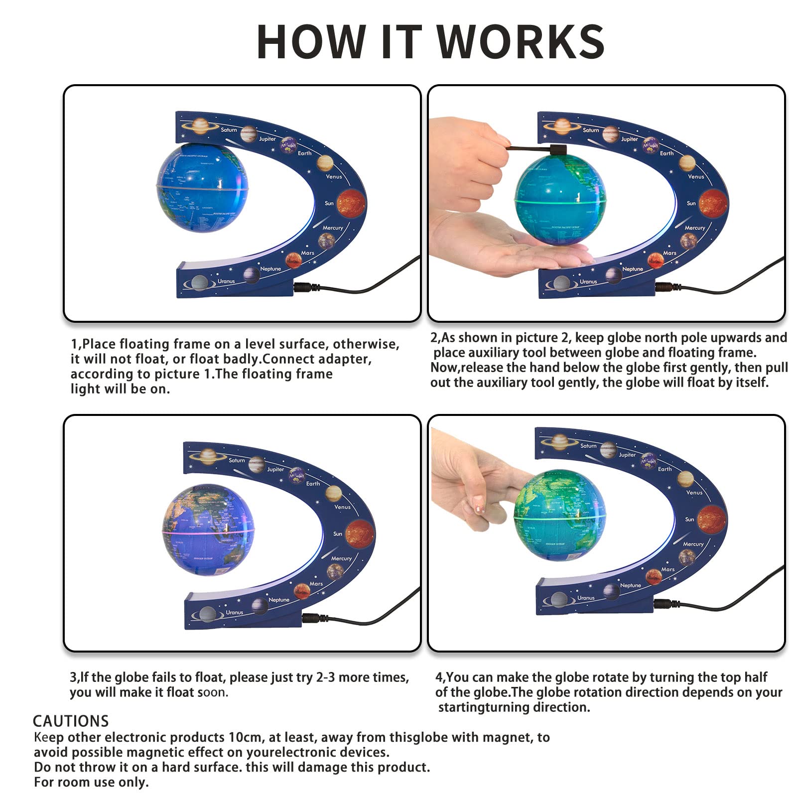 Globe Terrestre Magnétique en Lévitation Rotatif 3 Pouces avec Lampe Colorée, Cadeau Déco de Bureau Original pour Hommes, Patron ou Jouet Éducatif pour Enfants, Système Solaire 9 Planètes Astronomie