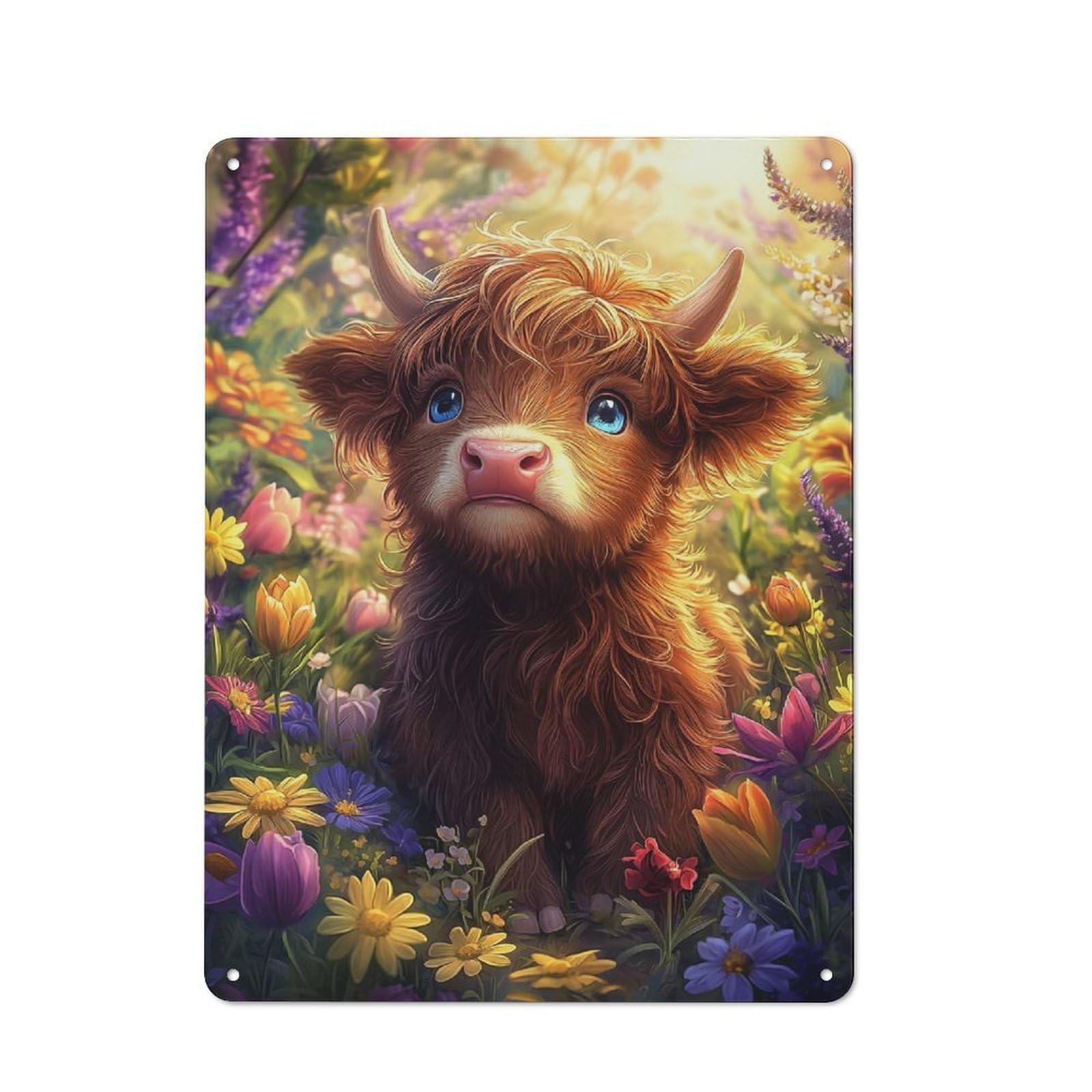 Junmoney Style For Studio Or Craft Room, Highland Calf In Flowers Rustic Tin Wall Plaque 40X30cm, For Vintage Wall Decor Fans, For Metal Sign Collectors