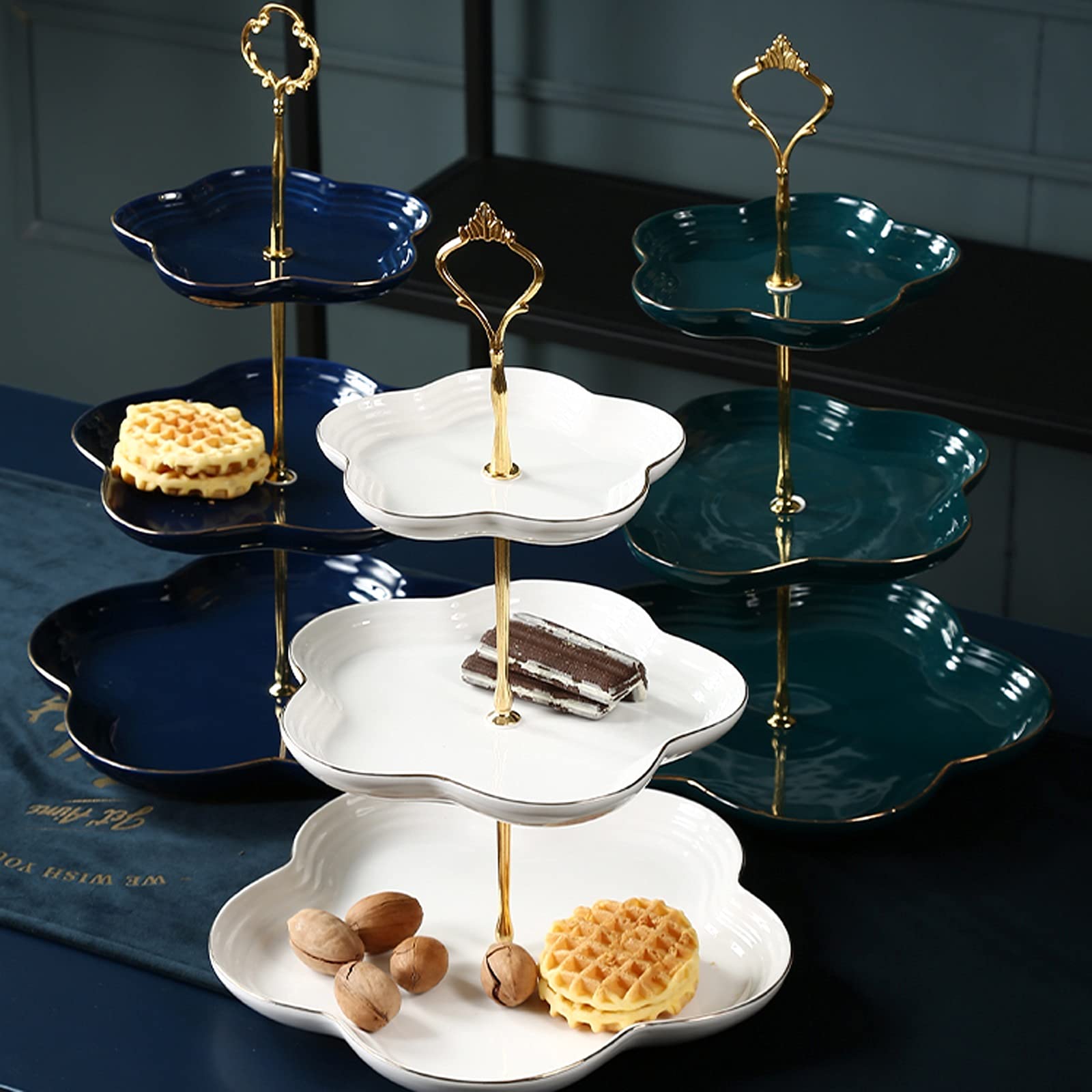 Stojak na ciasto 3-poziomowy ceramiczny stojak na ciasto metalowy uchwyt na babeczki okrągły talerz deserowy stojak na desery dla dzieci urodziny herbata przyjęcie ślub ciasto uchwyt (kolor: zielony, styl: B)