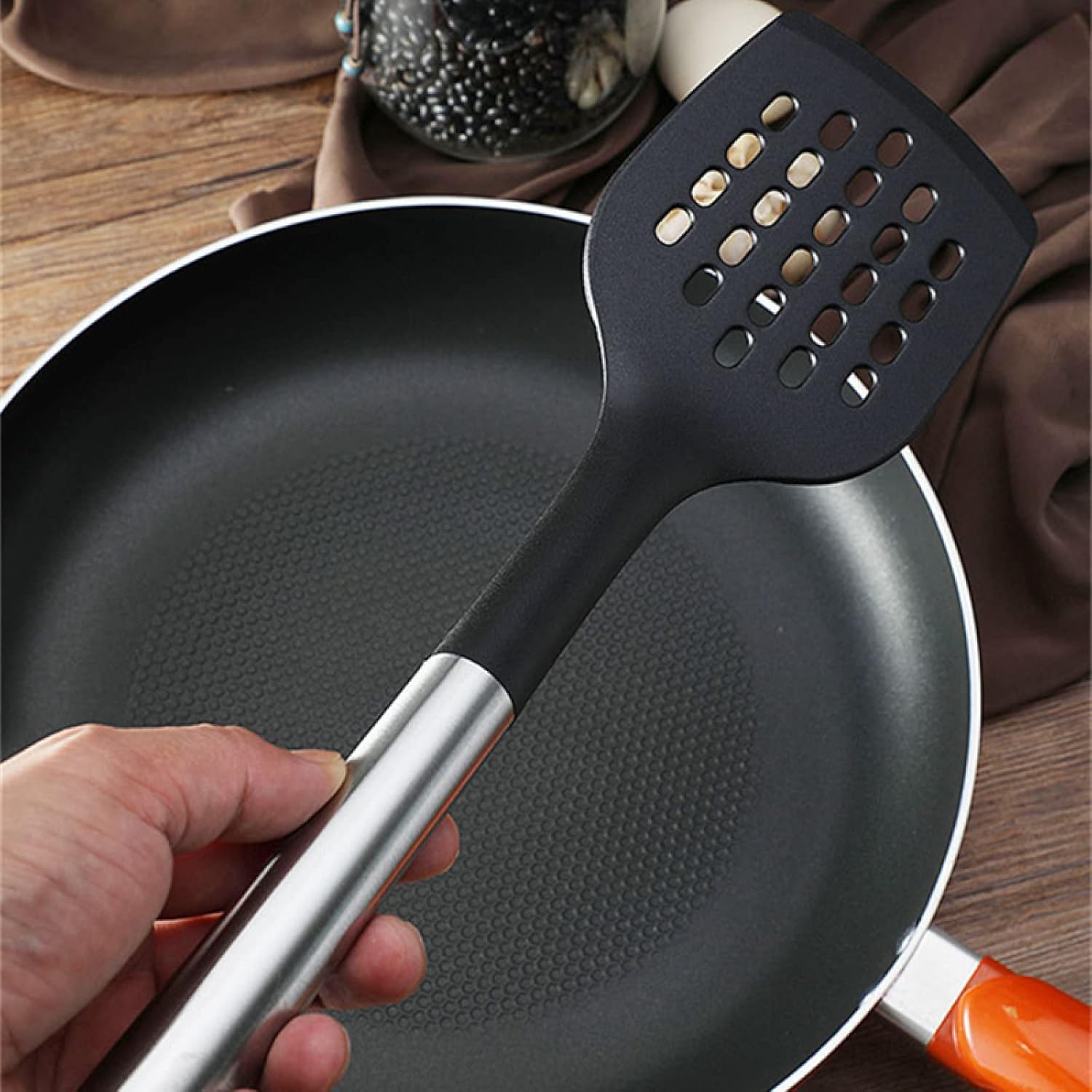 Kochutensilien-Sets Küchenutensilien-Set, Kochutensilien-Set, 7-teilig, Edelstahlgriff, Nylon-Küchengeschirr, schwarz, Verbrühungsschutz, Haushalts-Kochutensilien