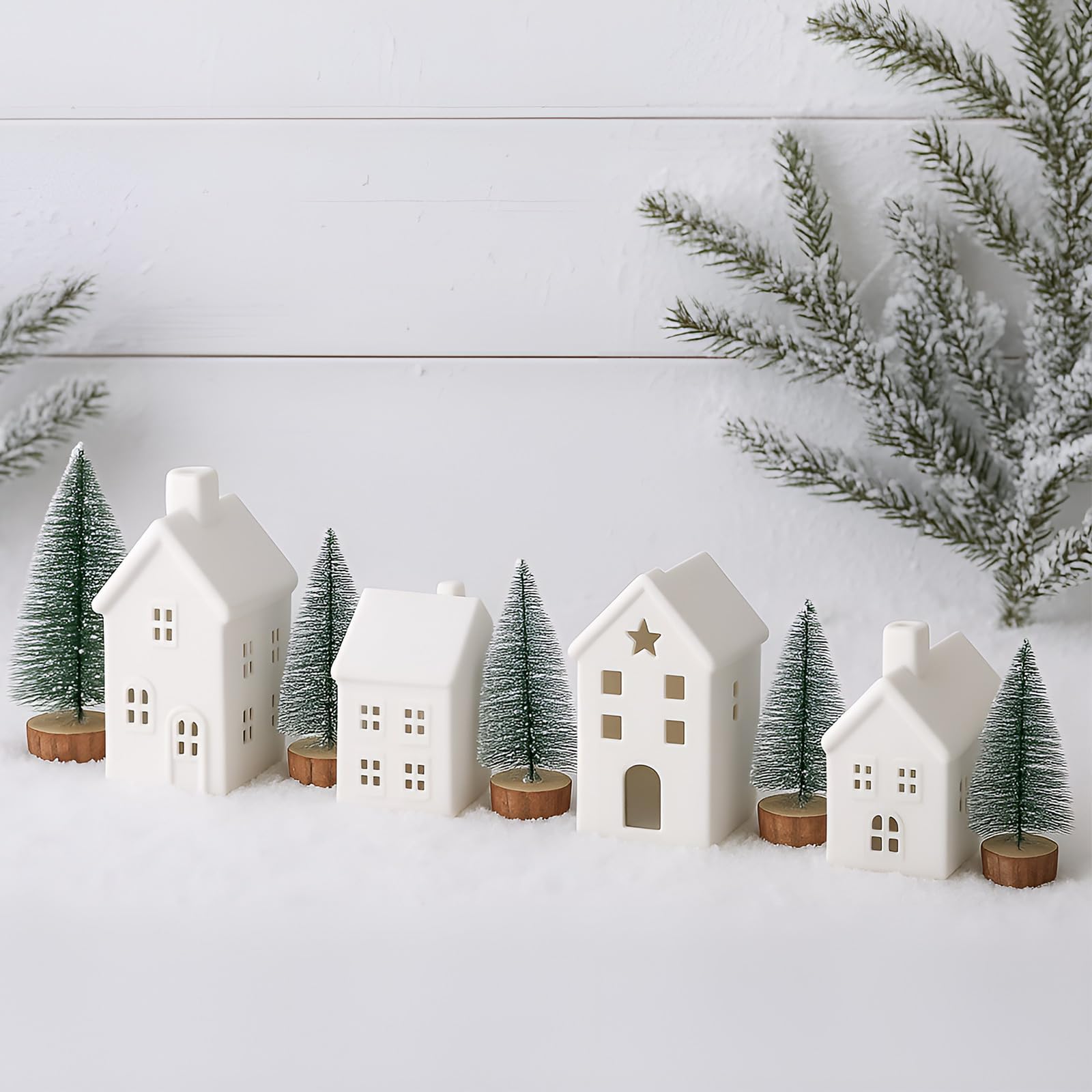 Wesiti Lot de 9 maisons de village de Noël en céramique blanche pure | Mini sapin de Noël lumineux à DEL, accessoire d'hiver, figurine décorative pour Noël, bureau, maison, table, chambre