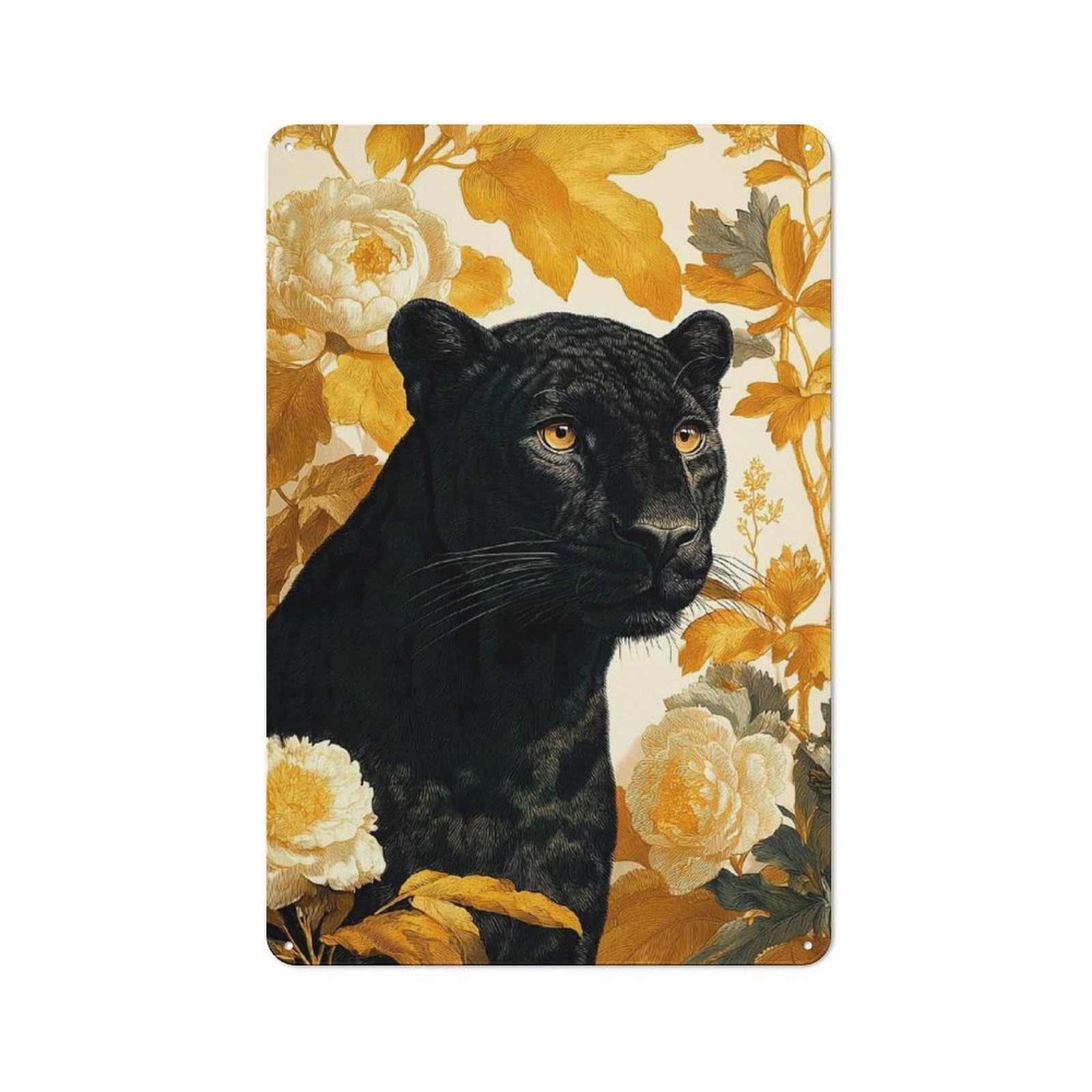 Junmoney Black Panther With Floral Background Cottage Style Metal Wall Decor 30X20cm, Tin Wall Plaque For Kitchen, Cottage, Porch Or Garden Room