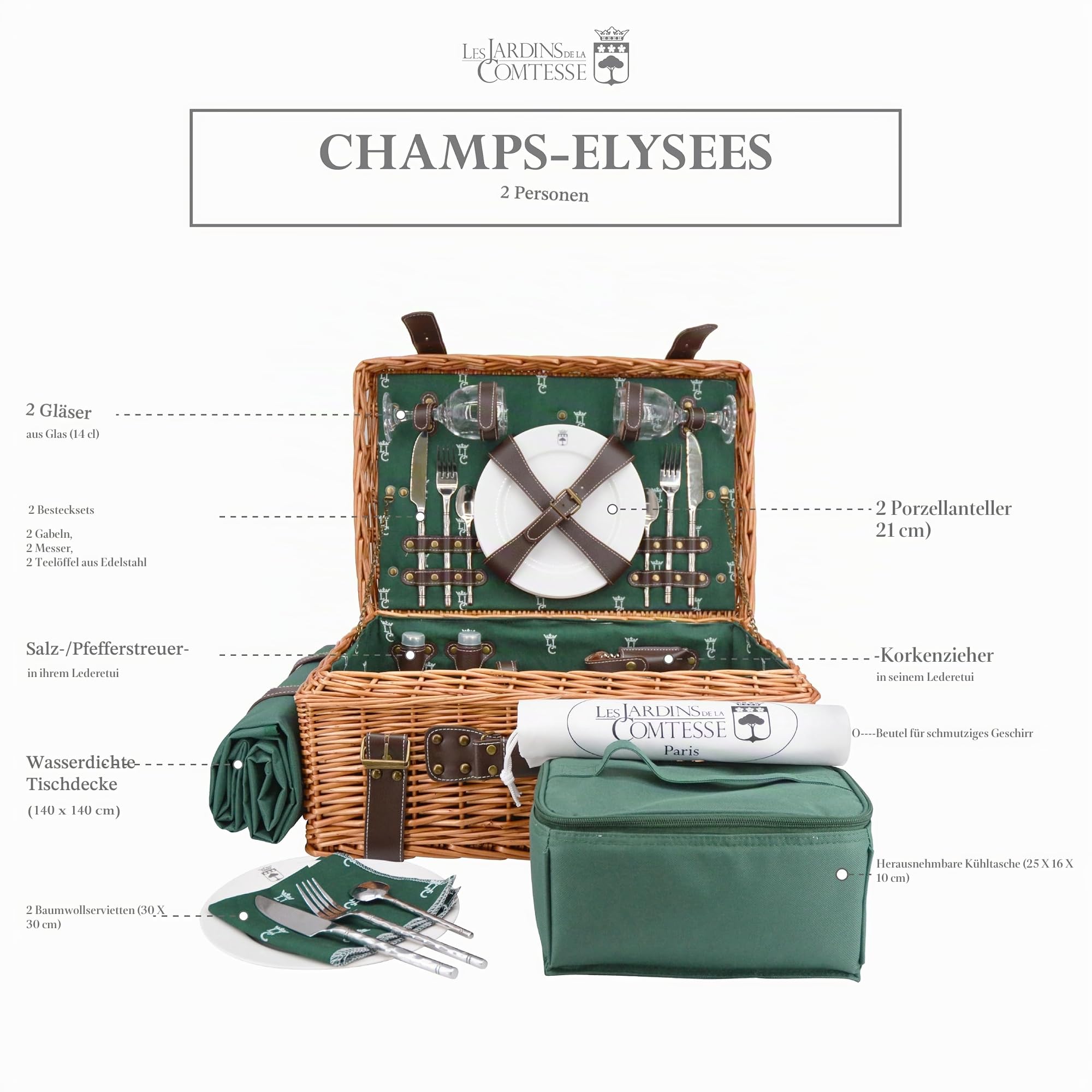 Les Jardins de la Comtesse - Picknickkorb Champs-Elysées aus Weidengeflecht und echtem Leder - Dunkelgrün - Für 2 Personen - Komplett Ausgestattet - Keramikteller und Weingläsern - 48 x 33 x 21 cm