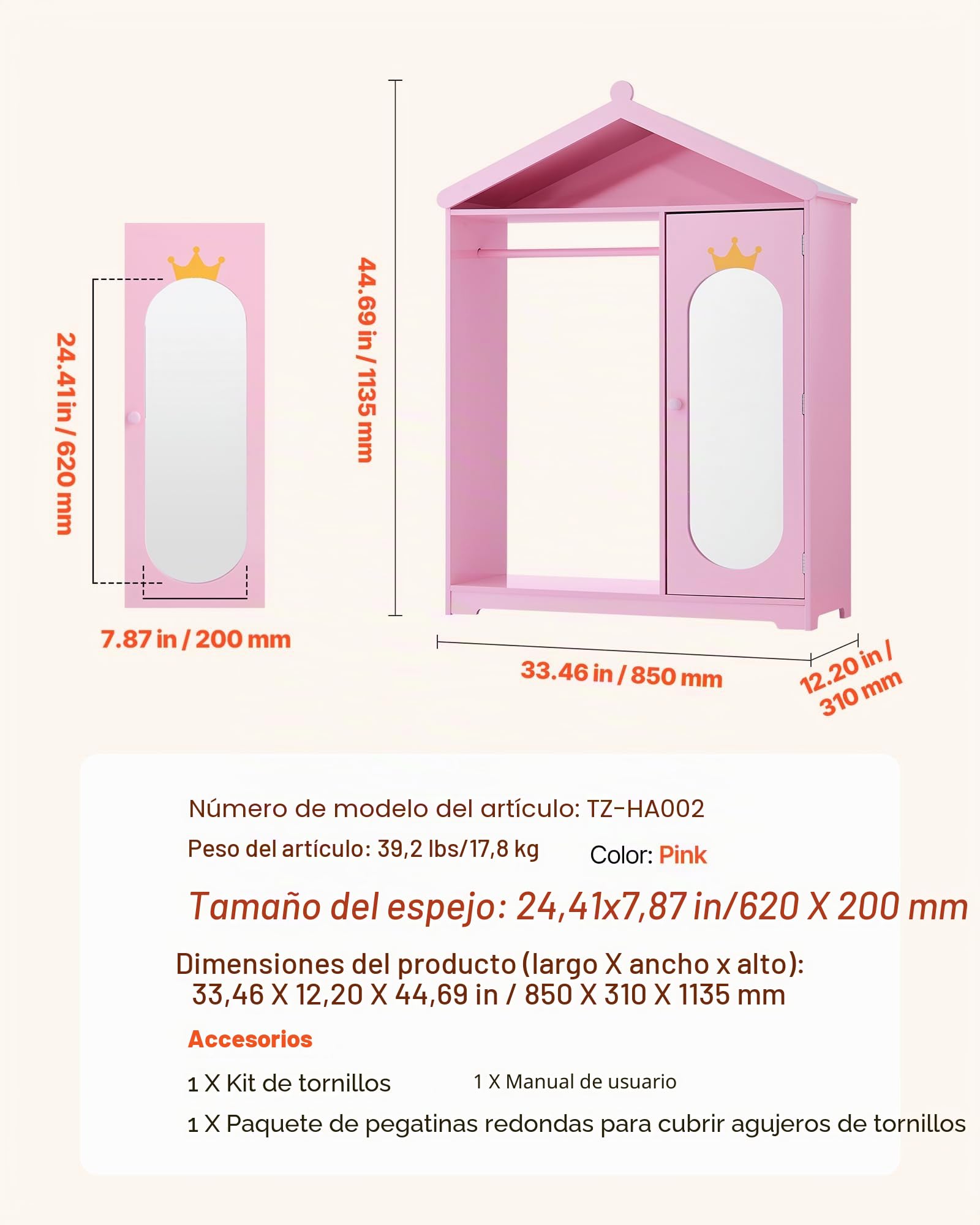 VEVOR Armario de Disfraces para Niños con Espejo, Perchero Infantil con Estantes, Mueble de Madera Estilo Cuento de Hadas para Dormitorio, Juegos, Organizador de Ropa con Barra y Compartimentos, Rosa