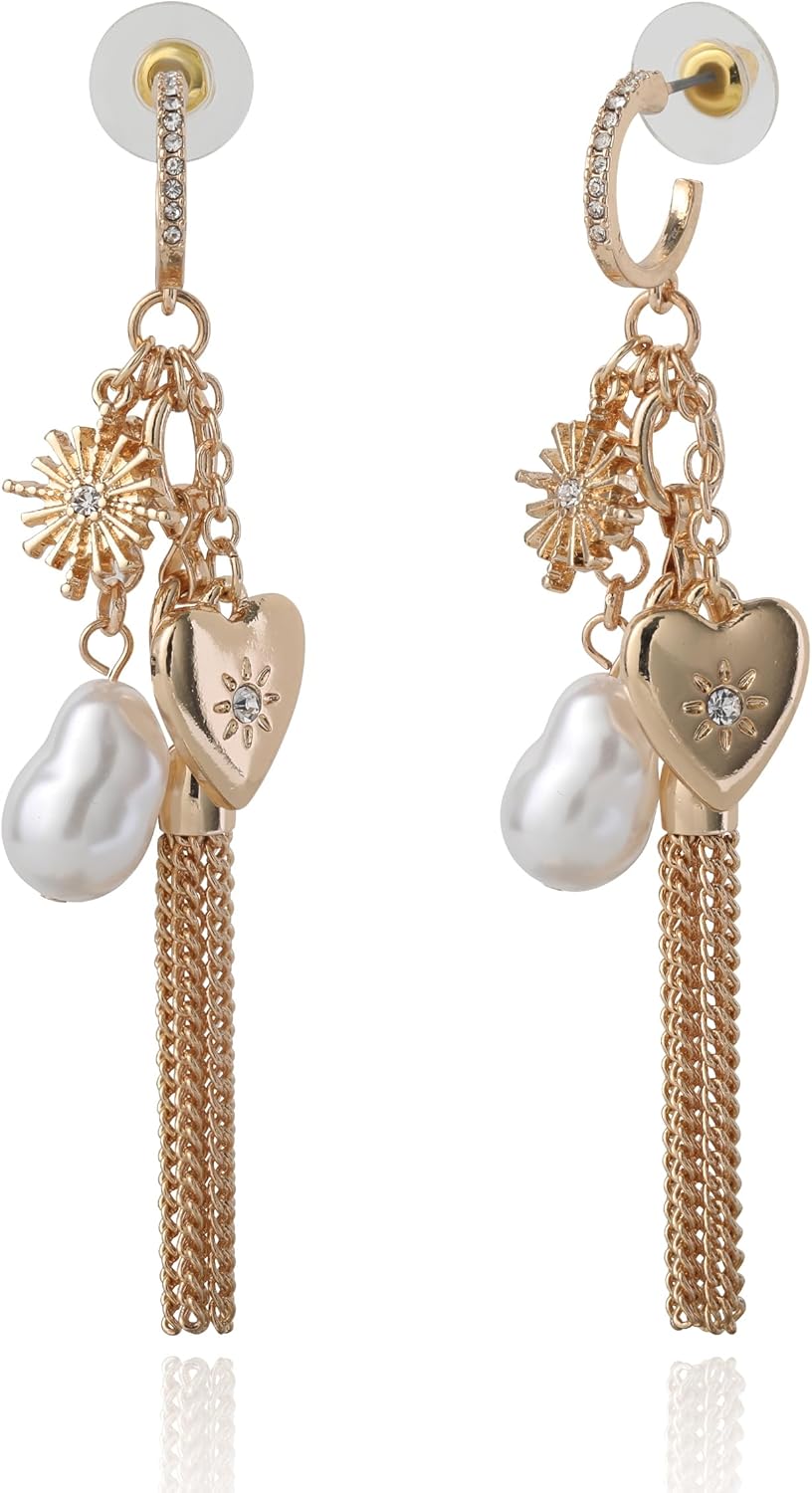 BCBGeneration Gold-Tone Tassel Earrings for Women, Dangle Mother's Day Earrings with Sun, Pearl, and Heart Charms