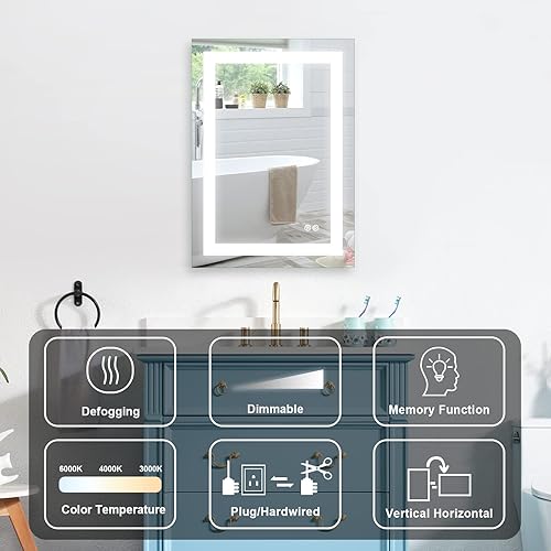 Miniatura 5 de Espejo de baño con luz LED de 20 x 28 pulgadas con luz de 3 colores, espejo de tocador de baño montado en la pared con botón táctil, espejo de baño