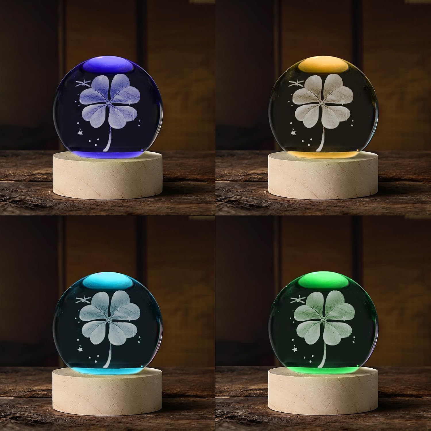 3D Four Leaf Clover Crystal Ball, Decorative Glass Sphere with Color-Changing LED Wood Base, Modern Desk Ornament, Unique Gift for Women, Birthday, Anniversary, Christmas image 3