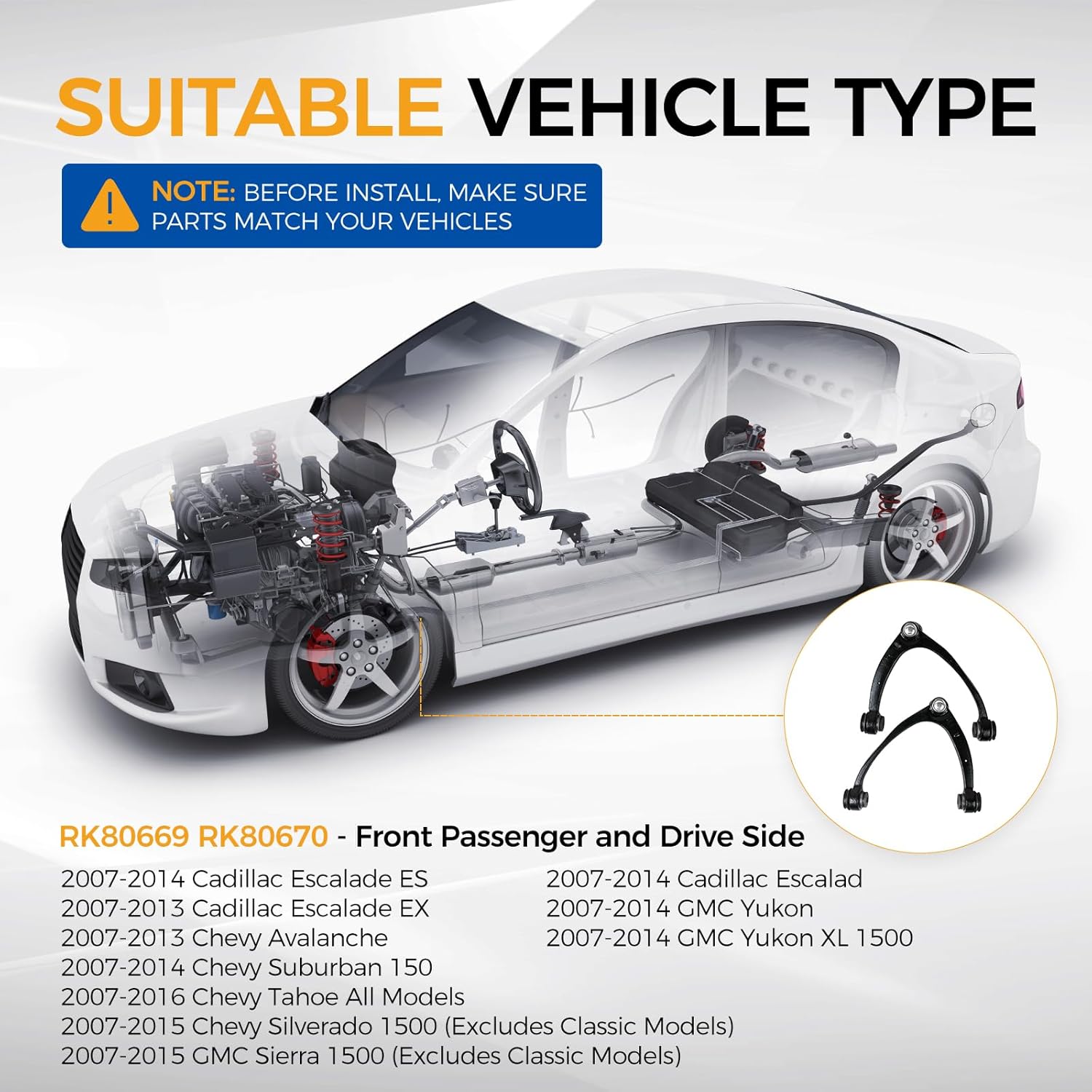 PAROD Front Upper Control Arm Fit for 07-14 Cadillac Escalade/ESV/Suburban 1500/GMC Yukon/XL 1500, 07-13 EXT/Chevy Avalanche, 07-16 Chevy Tahoe/Silverado 1500/GMC Sierra 1500, Replace RK80669 RK80670