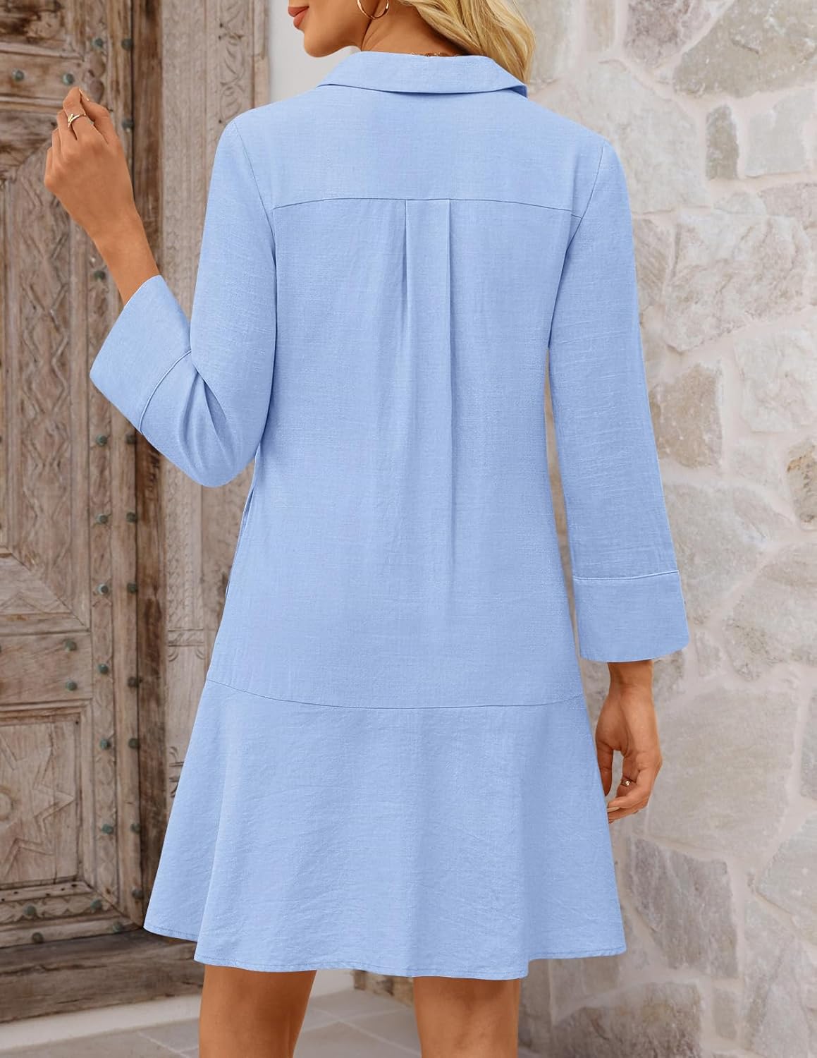 MEROKEETY Women's 2025 Fall 3/4 Sleeve Shirt Dress Casual Button Down Shift Pleated Midi Dresses with Pockets - Image 4