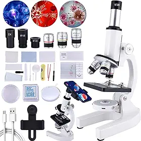 Herwicm Microscópio Composto 40x2000 com Adaptador de Celular e Kit de Microscópio para Laboratórios Escolares e Crianças