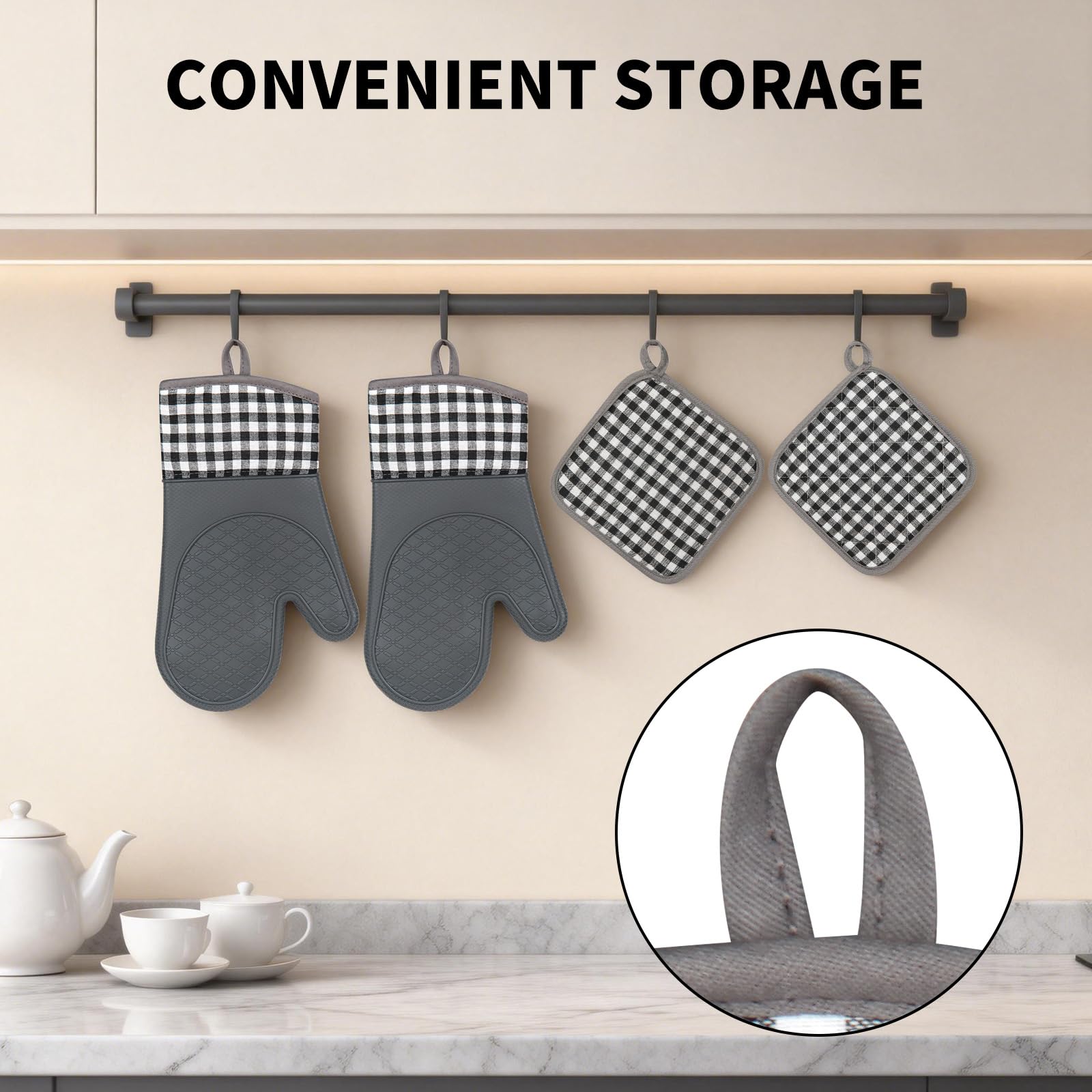 Tifanso Plaid Ofenhandschuhe und Topflappen 4-teiliges Set, Ofenhandschuhe Handschuhe Hitzebeständig mit rutschfester Silikonoberfläche zum Kochen Backen Grillen, Baumwolle Topflappen Pads für Küche