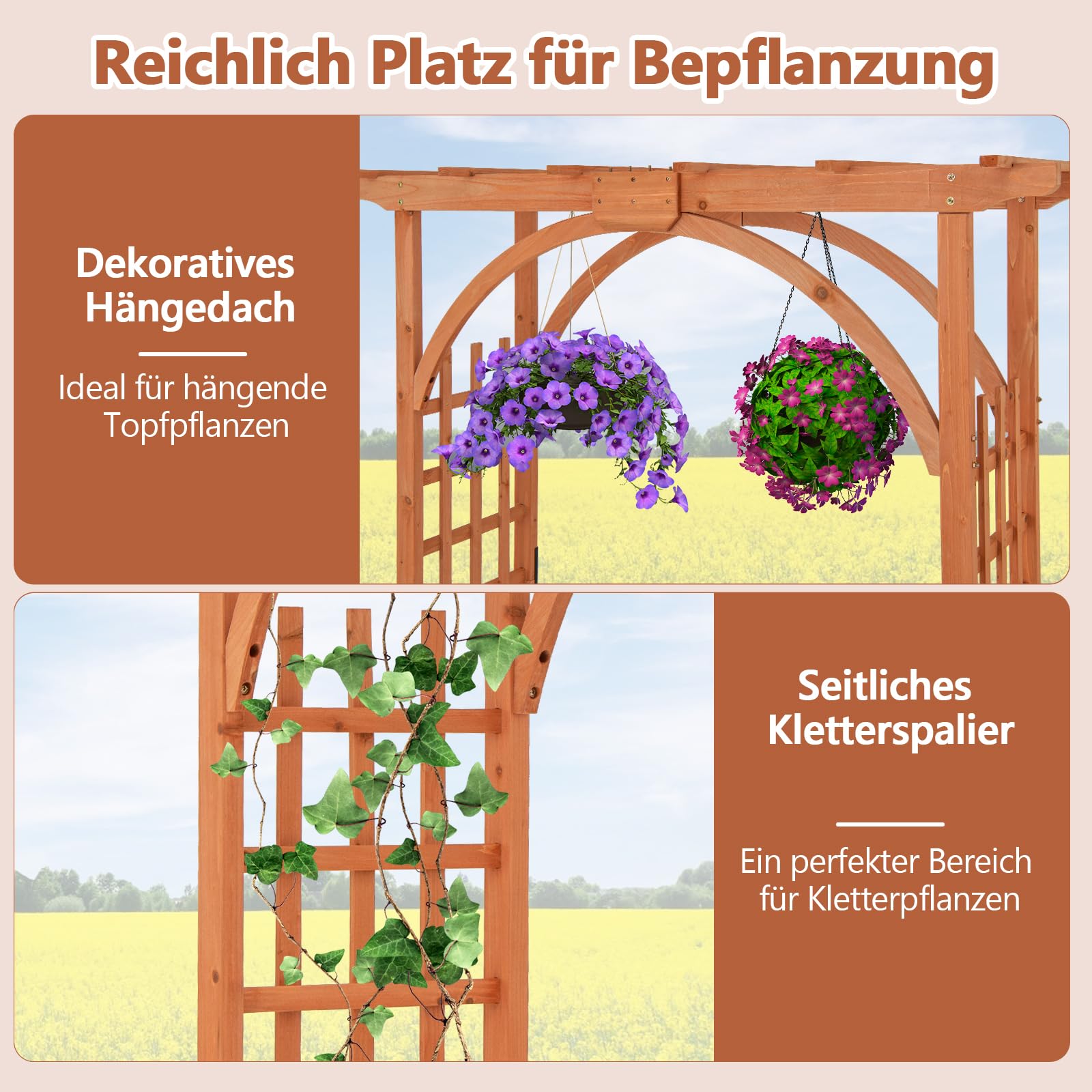 RELAX4LIFE Rosenbogen Holz, Gartenbogen für Kletterpflanzen & Rosen, Torbogen mit Dach, Rankhilfe Rankgitter Rankbogen aus Tannenholz, Rosengitter für Garten & Hochzeit, 160 x 60 x 213 cm, Orange