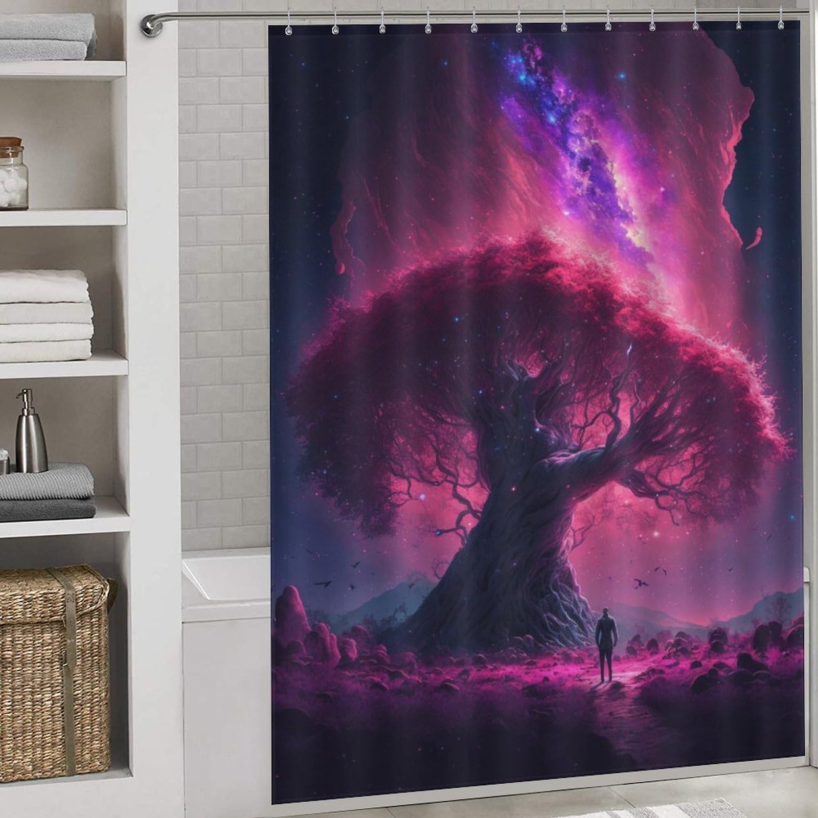 Rideau de douche tissu polyester imperméable Arbre Aurore 168x183 cm lavable
