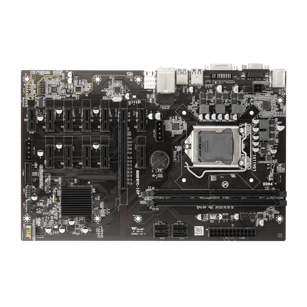 Motherboard, B250 BTC-12P Motherboard with 2 DDR4 Memory Slots 11 PCI-E 1X Slots VGA+DVI Ports Support LGA1151 Series 6th/7th Generation CPU