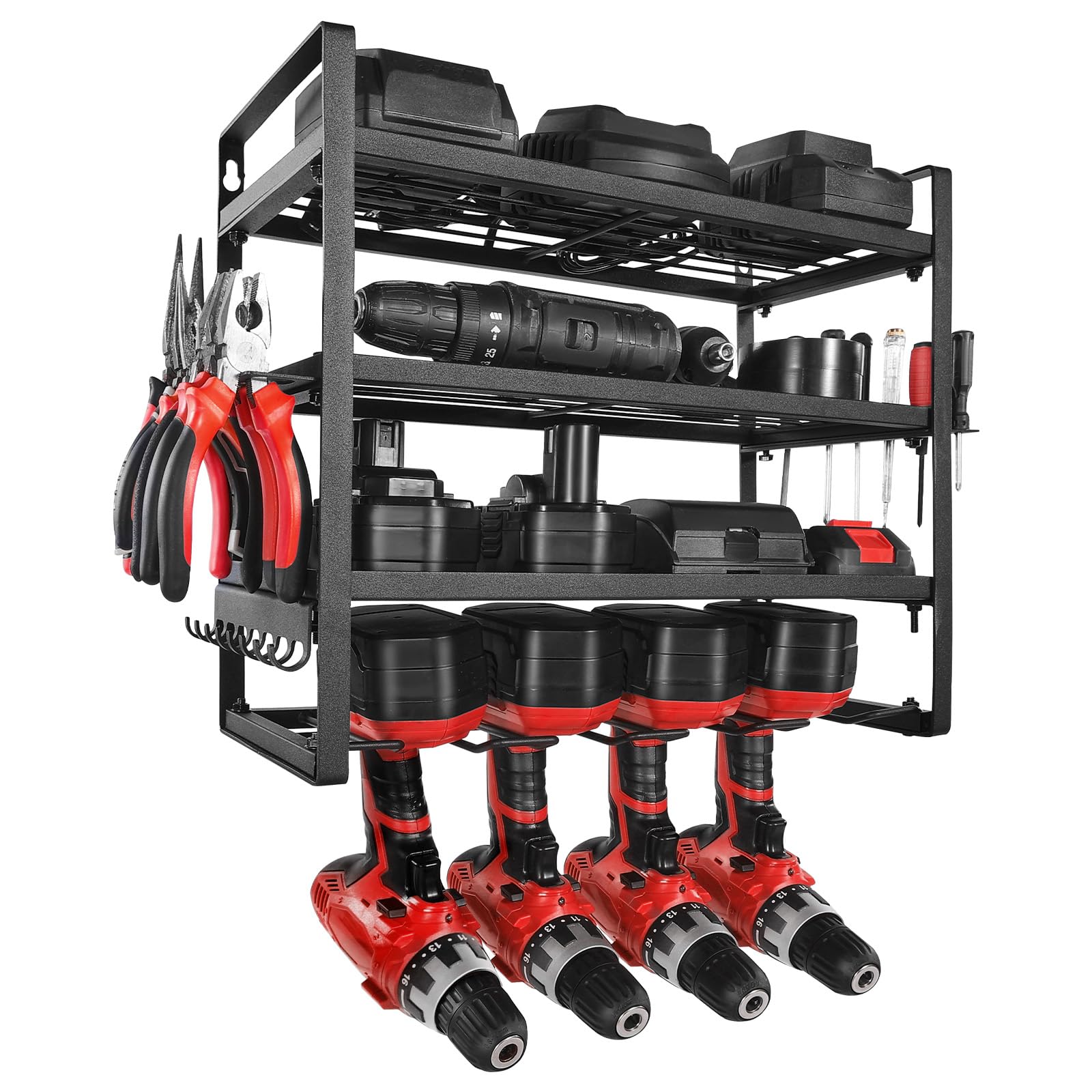 VEVOR Scaffale per Utensili Elettrici da Parete, Portautensili da Parete per Trapani a 4 Livelli con 4 Supporti per Trapano, Portaoggetti con Supporto per Cacciavite, per Utensili da Garage Officina
