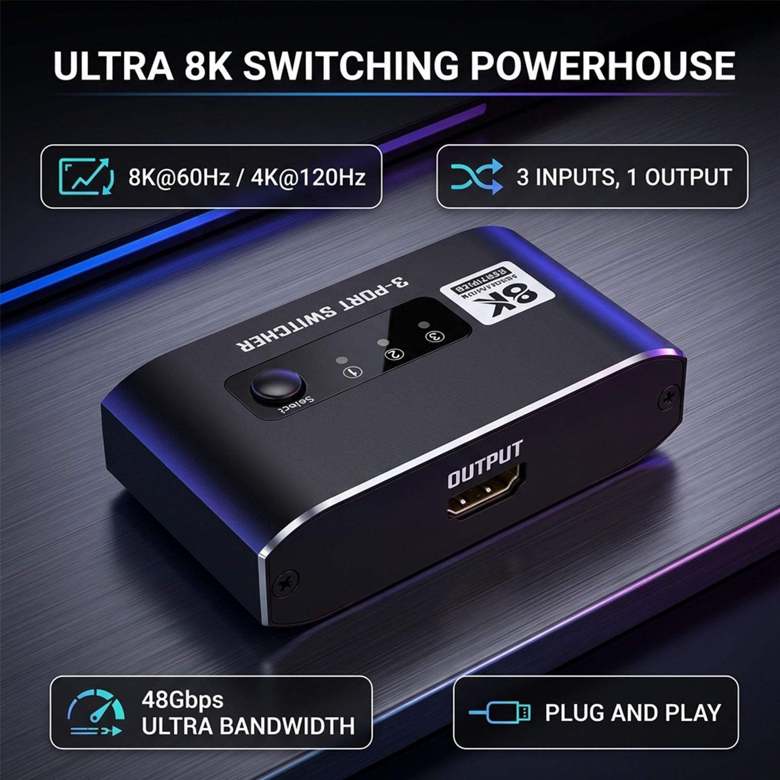 Fockety HDMI 2.1, 4K 120Hz 8K 60Hz Selettore Immagine Video 3 in 1 Uscita, Interfaccia Multimediale Switcher HDMI Splitter Hub per Console di Gioco TV