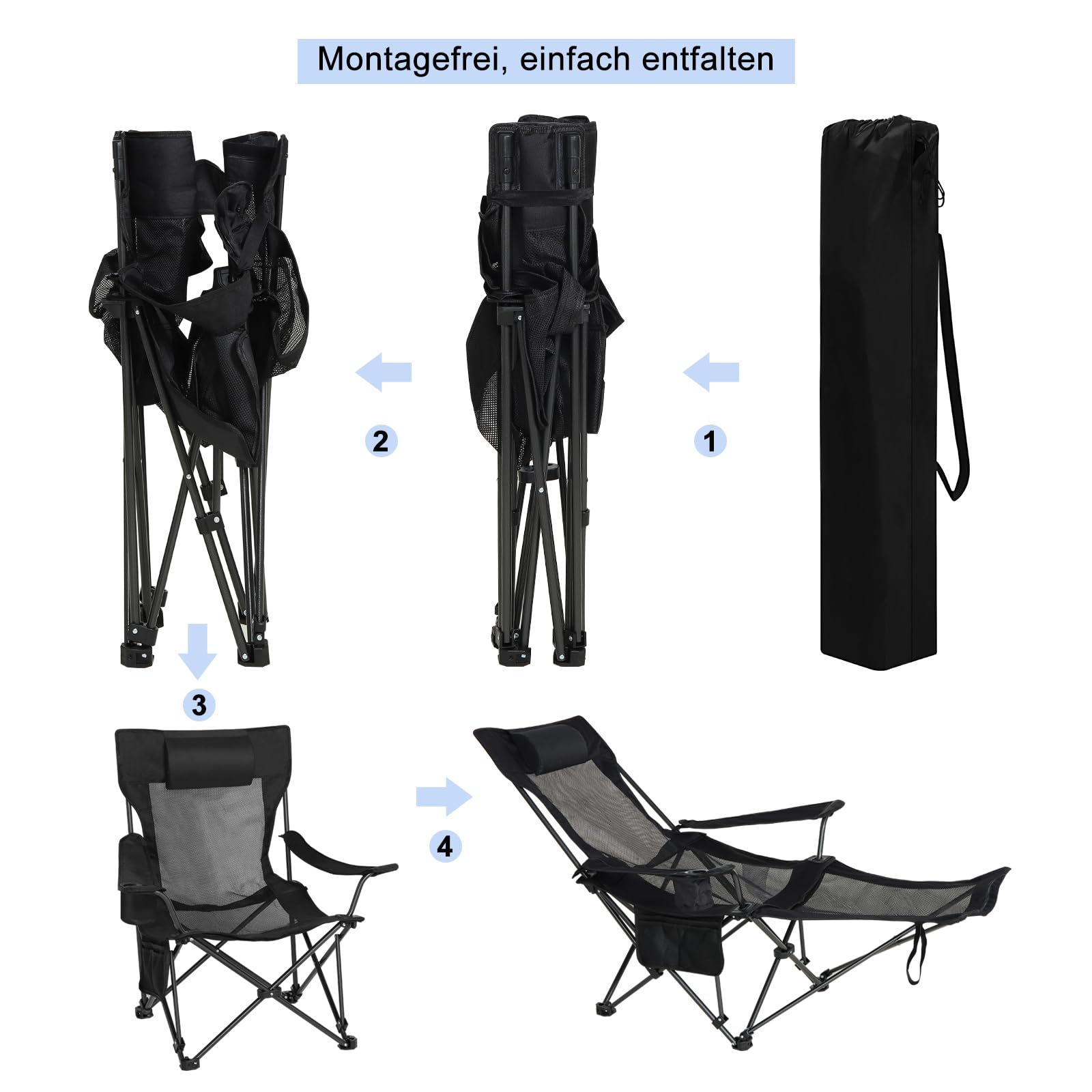 eSituro Campingstuhl klappbar, Angelstuhl faltbar, Klappstuhl mit Abnehmbarer Fußablage Getränkehalter Tragetasche, Strandstuhl mit Verstellbarer Rückenlehne, Campingliege Schwarz