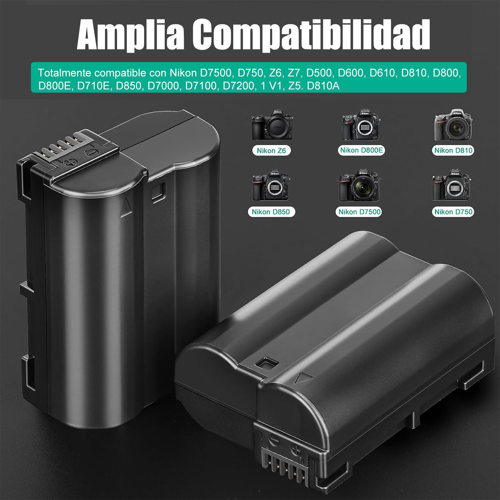 JYJZPB Paquete de 2 Baterías EN-EL15C EN-EL15B EN-EL15A y Cargador de Batería con Puerto USB+Tipo-C para Nikon D7500, D850, D7200, Z6, Z7, D750, D500, D600, D810, D800, D800E, D7000, D7100 Cámaras