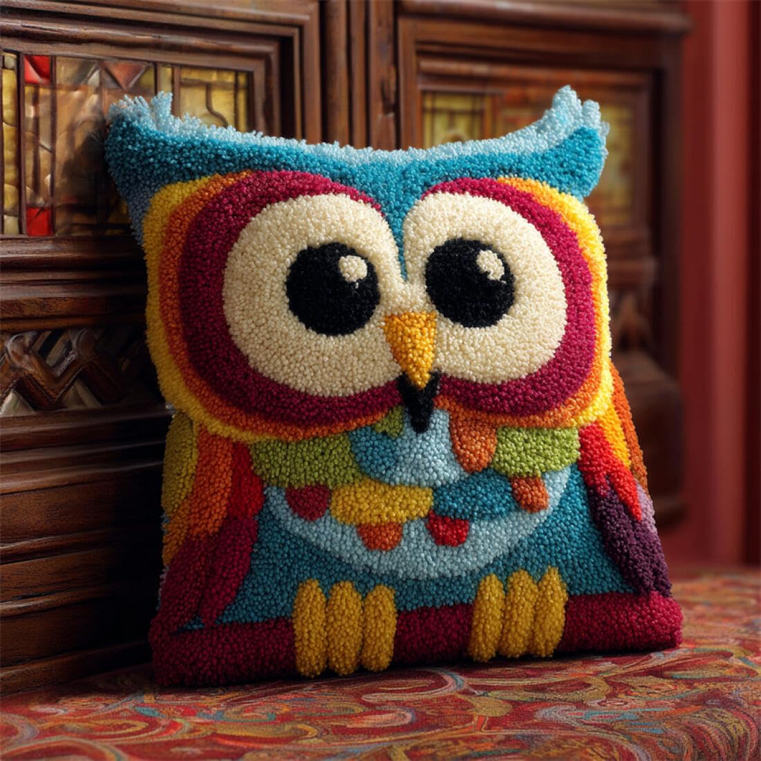 Kitquiver Animal Latch Hook Kits for Adults Fantasy Owl Latch Hook Kit Pillow DIY Rug Crochet Hook Cushion Making Kits with Preprinted Pattern Canvas 17x17In