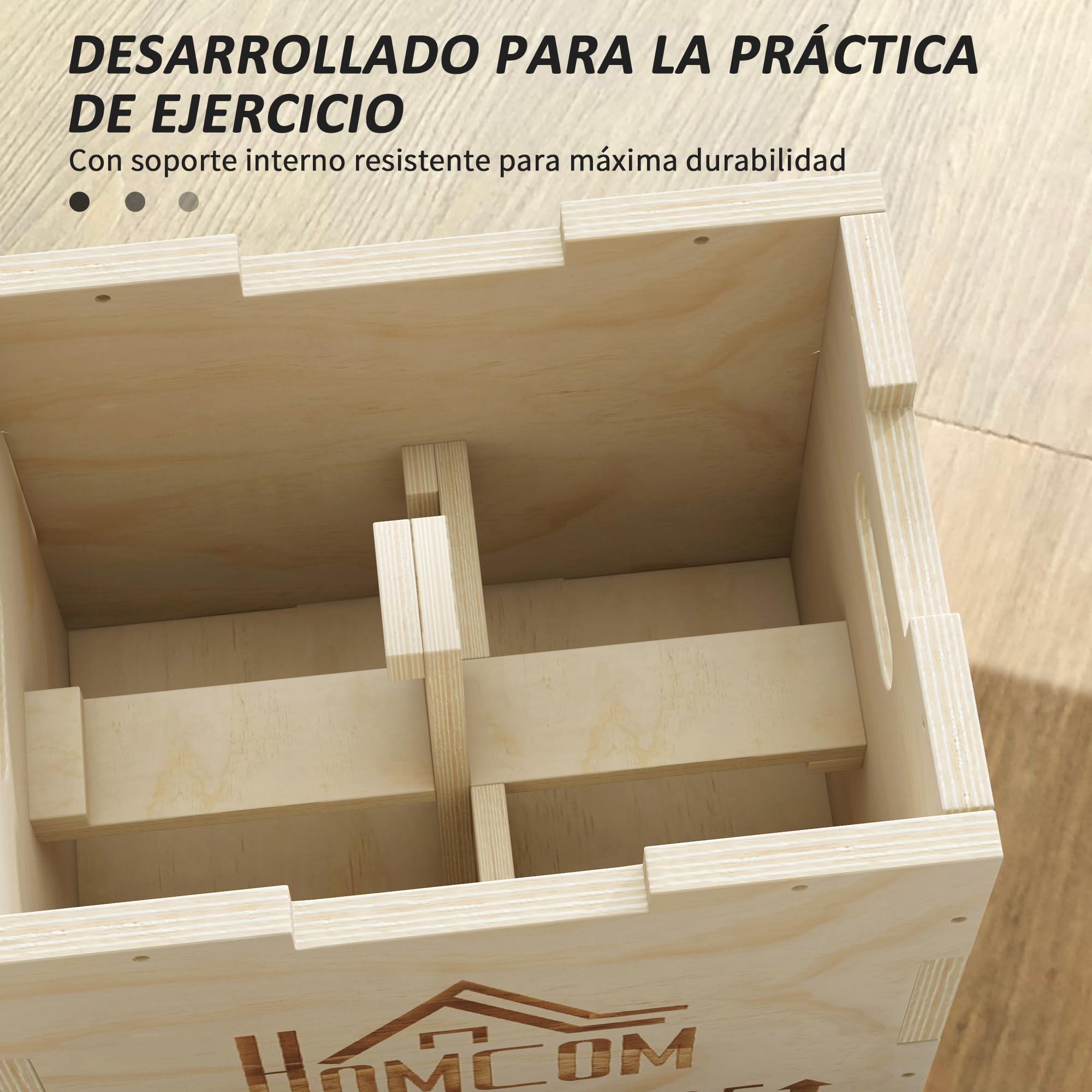 HOMCOM Cajón Pliométrico de Madera 3 en 1, Plataforma de Caja Pliométrica con 3 Alturas Diferentes, 2 Mango Hueco, Entrenamiento de Salto, Fuerza, para Casa, Gimnasio y Exterior