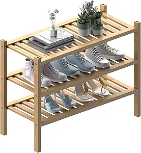 (Thick Bamboo Shoe Rack for Entryway, 3-Tier Free Standing Shoe Racks Stackable Shoe Rack Organizer for Hallway Closet Living Room 27 x12 x21 Inches