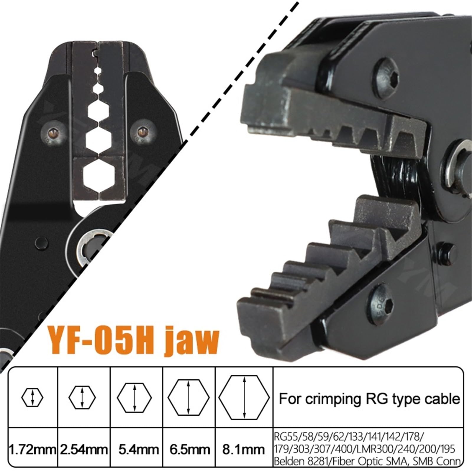 Alicates de crimpado for cables coaxiales serie YF for conectores SMA/BNC RG58, 59, 62, 174, 8, 11, 188 y 233, herramientas de crimpado, cortador y pelado.(YF-05H 1jaw)
