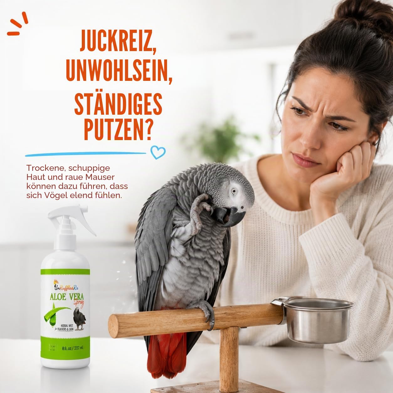 Aloe Vera Vogelspray für alle Vögel, beruhigt juckende Haut und Federzupfen, 237 ml, geruchsfreier Nebel, sicher bei Einnahme, täglicher Gebrauch, macht Federn weich, natürliche Formel, hergestellt in