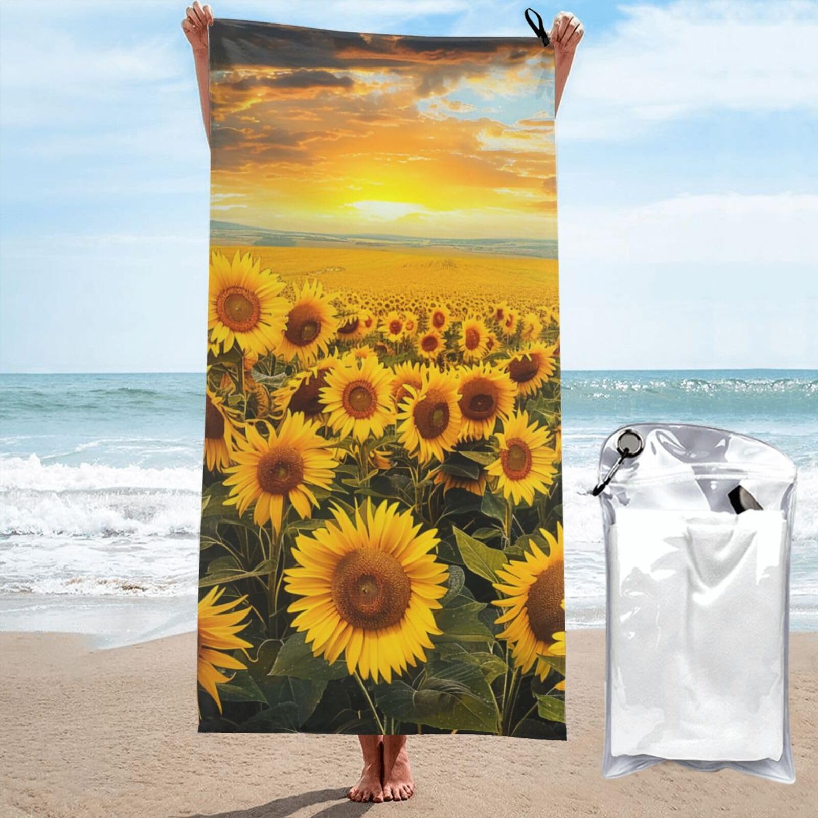 Microfiber Beach Towel, Sunflower Field Printed Lightweight Quick Dry Travel Bath Sheet with Compact Carry Bag for Swimming Yoga Camping Gym,31.5"x63"