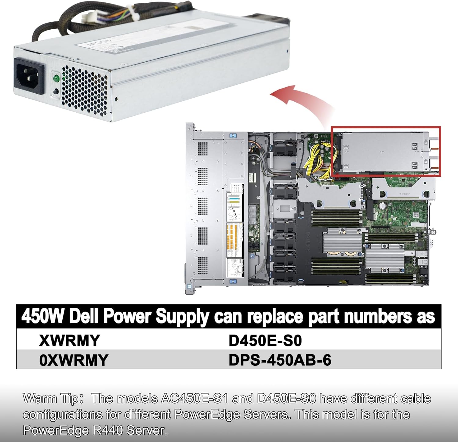 LXun Upgraded D450E-S0 0XWRMY 450W Power Supply DPS-450AB-6 A(01F) Compatible with Dell PowerEdge R440 Server Power Supply Replacement for DPS-450AB-6A XWRMY Connector: 18pin+2 * 10p+8pin