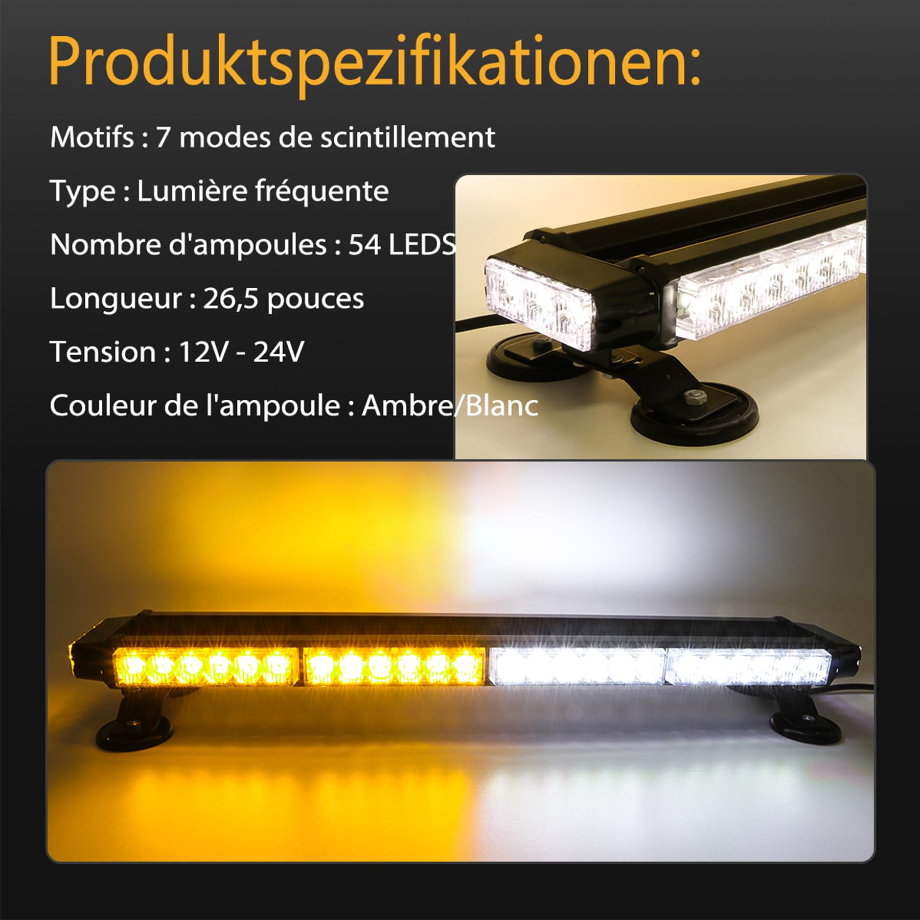 Barre De Feux Stroboscopiques LED 38 Pouces - 78 LED, Base Magnétique, 16 Modes, Pour Véhicules D'urgence