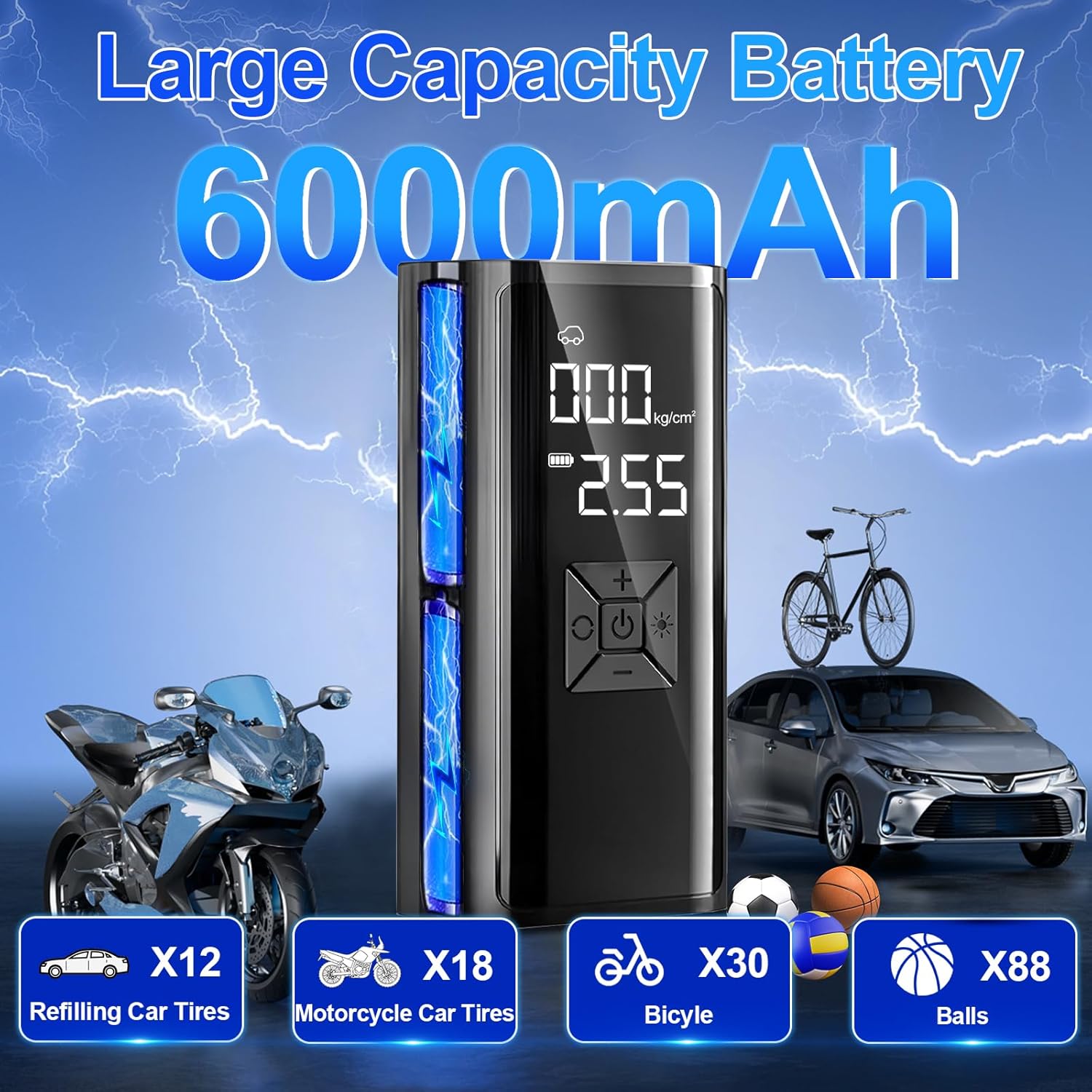Dictien air pump with its air hose and various nozzle adapters laid out