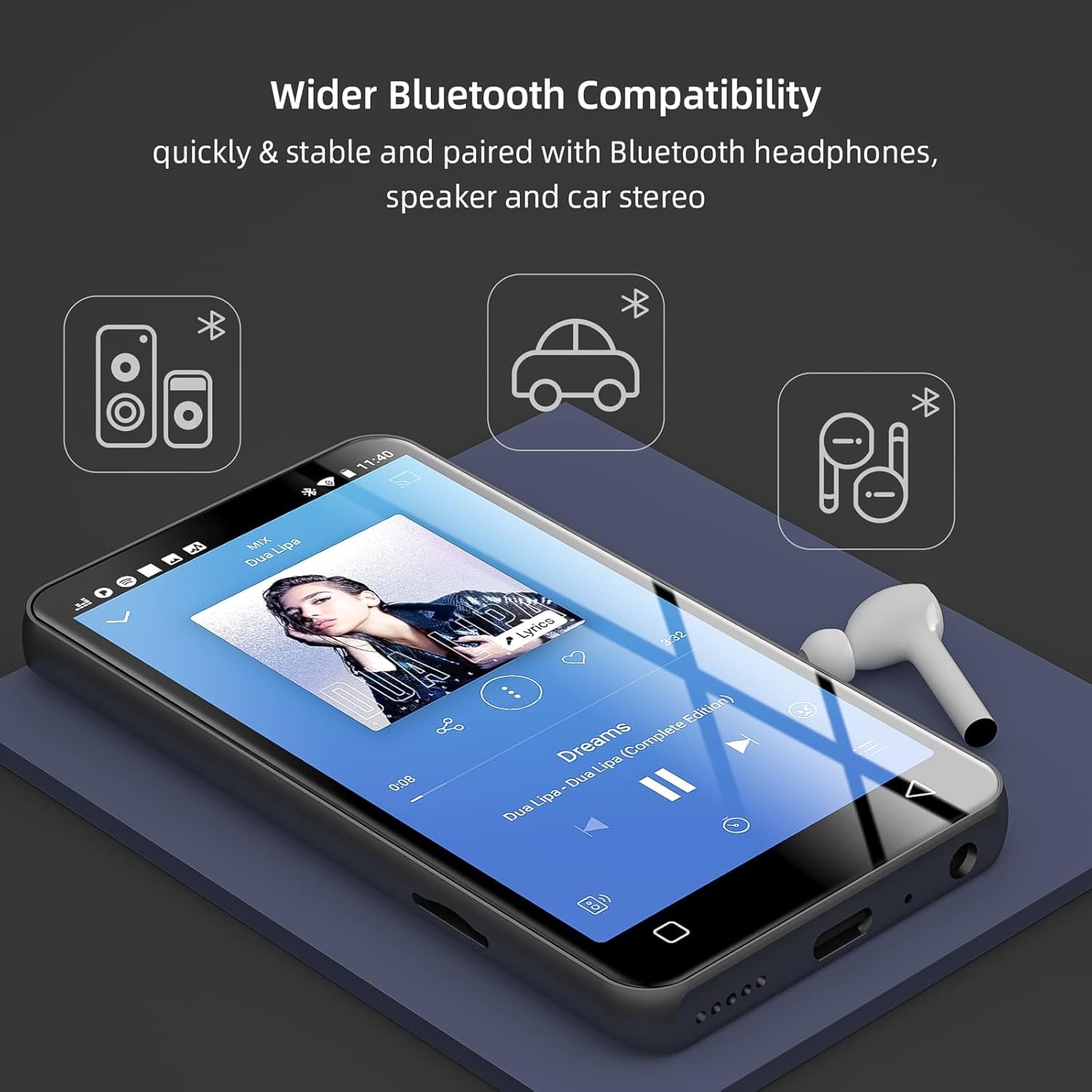 Innioasis 16Go Lecteur MP3 avec Bluetooth et WiFi, Lecteur de Musique Mp3 et Mp4 ave Spotify,Spotify Kids, Tidal, Deezer, Lecteur Vidéo à écran Tactile 4 Pouces 1080P Gris