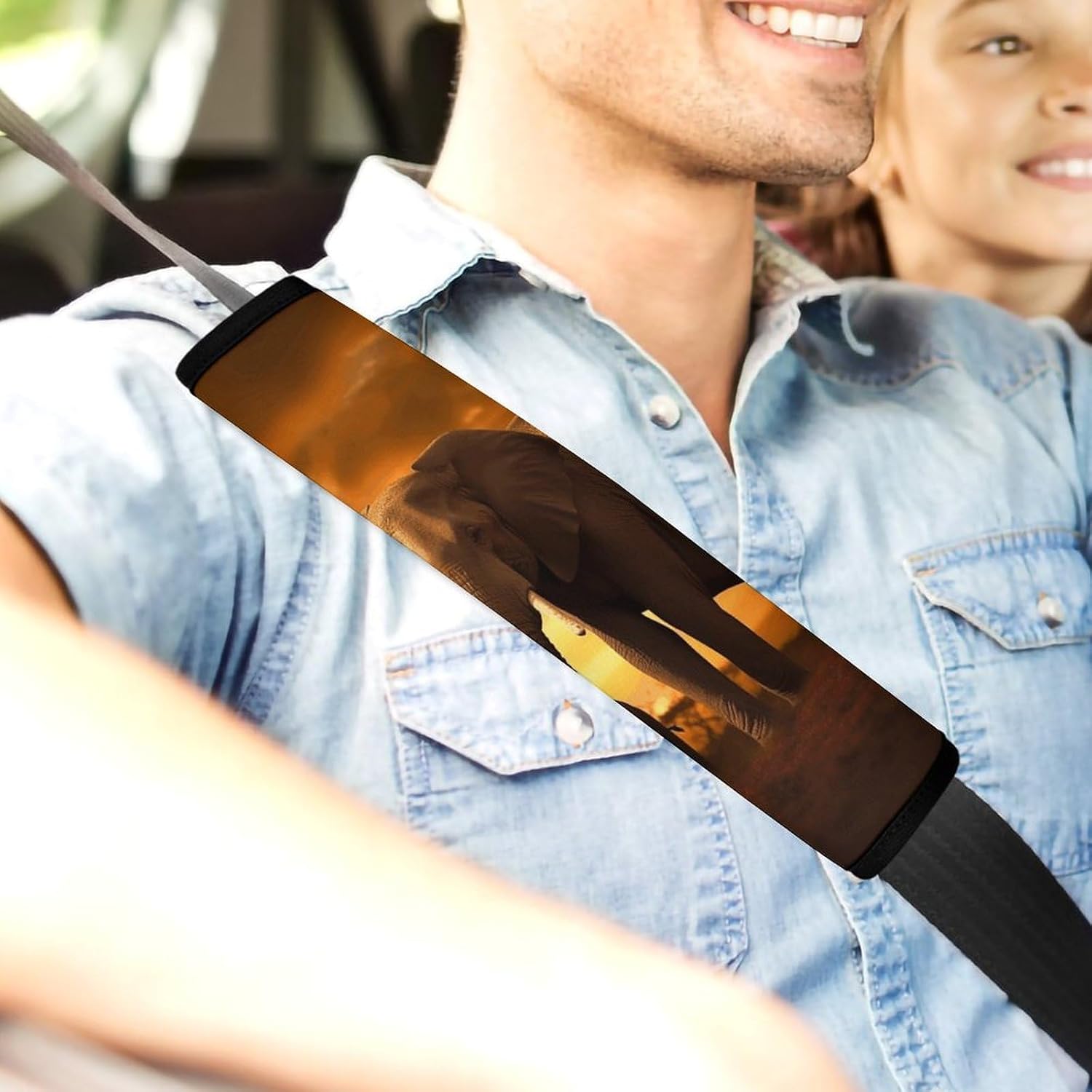 2 PCS Super Soft Car Seat Belt Pad, Cute Sunset Parent-Child Elephant Printed Waterproof Sweat-Absorbing Seat Belt Covers Backpack Shoulder Pad for All Car Seats Baby Strollers